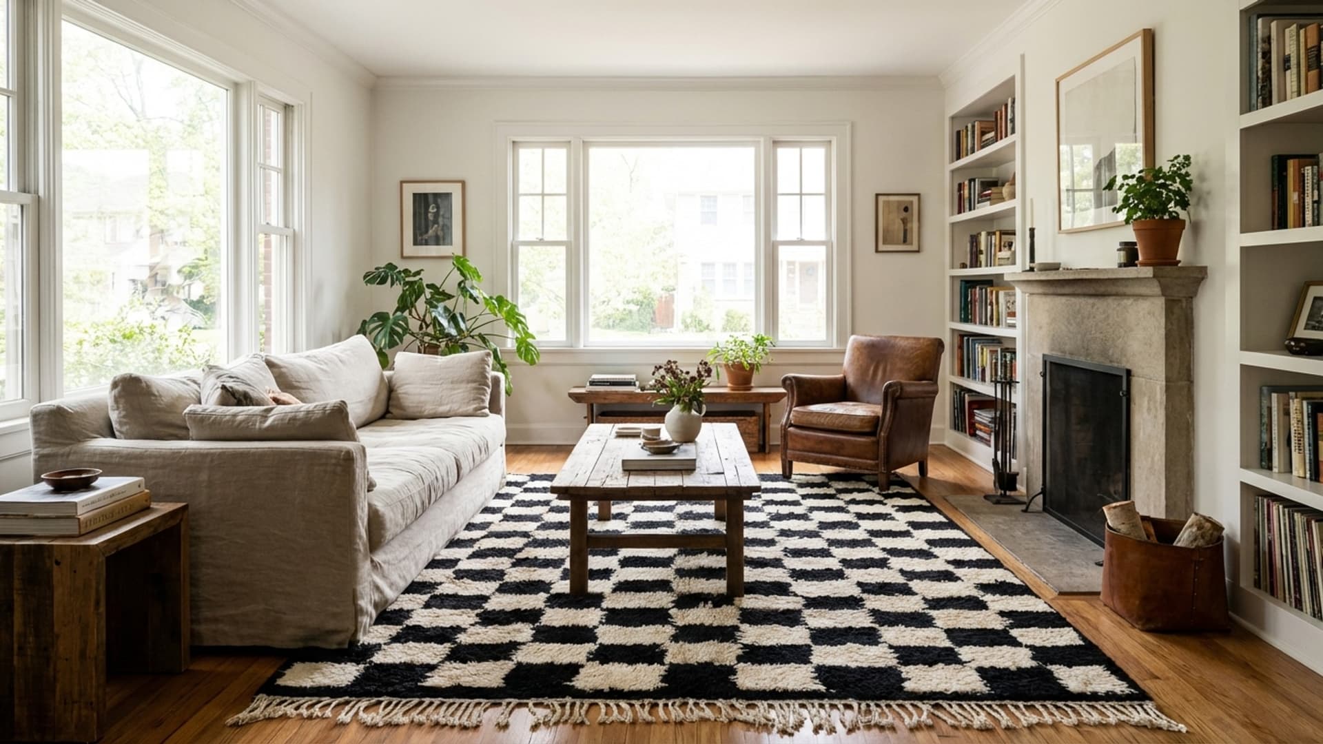 Moroccan Rug Handmade Wool 8x10 - Black and White Modern Checkered Area Rug for Living Room Bedroom Berber