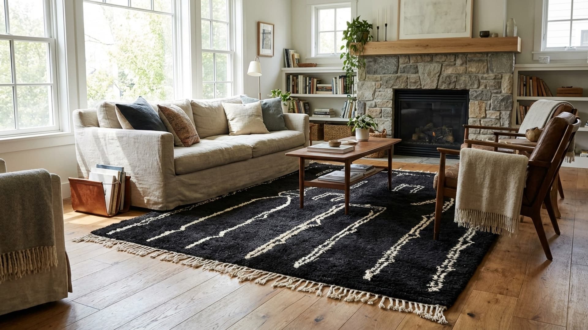 Moroccan Rug Handmade Wool 8x10 - Black White Modern Minimalist Area Rug for Living Room Bedroom Berber