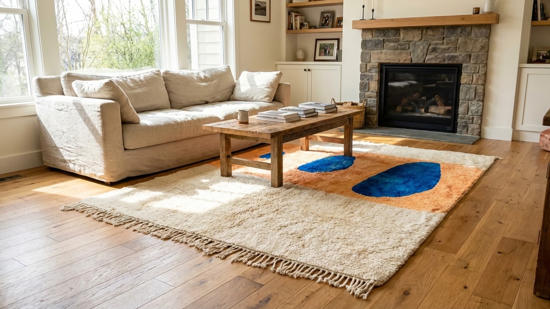 Moroccan Rug Handmade Wool Custom Size - Cream Ivory Orange Blue Modern Boho Area Rug for Living Room Bedroom Berber