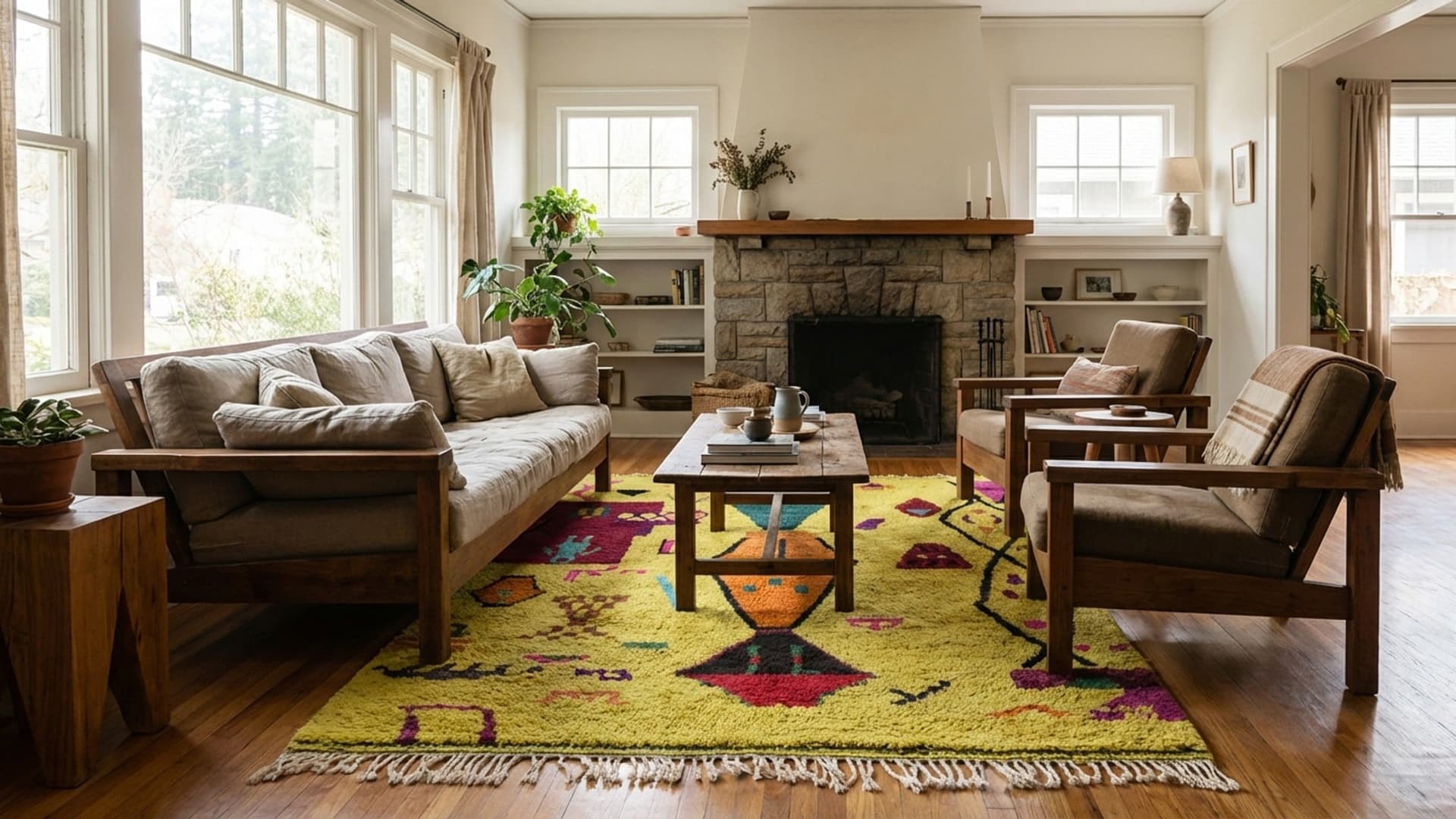 Marockansk Matta Handgjord Ull 8x10 - Gul Boho Modern Area Matta för Vardagsrum Sovrum - Berber Azilal