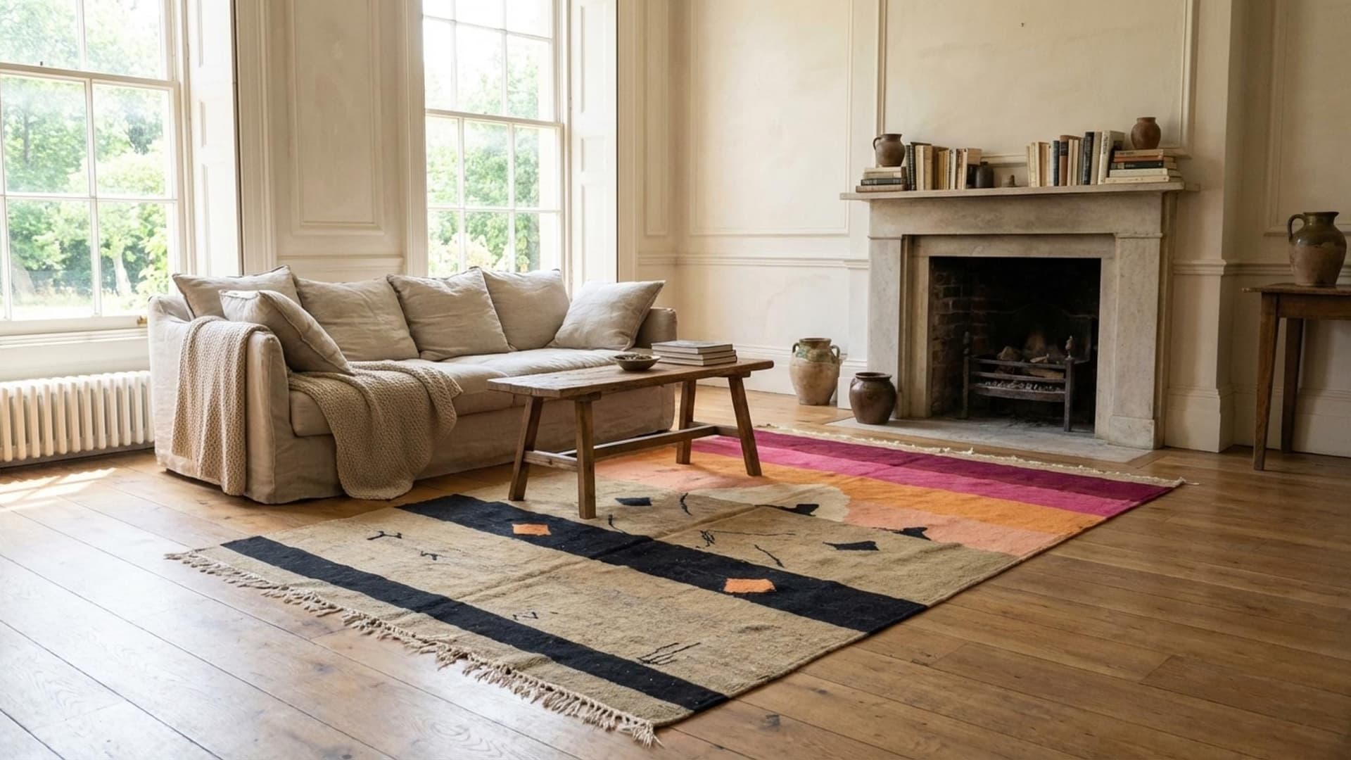 Marokkolainen Matto Käsintehty Villa 9x5 - Neutraali Moderni Kilim-alue Matto Olohuoneeseen, Beige Musta Vaaleanpunaisilla Oransseilla Raidoilla