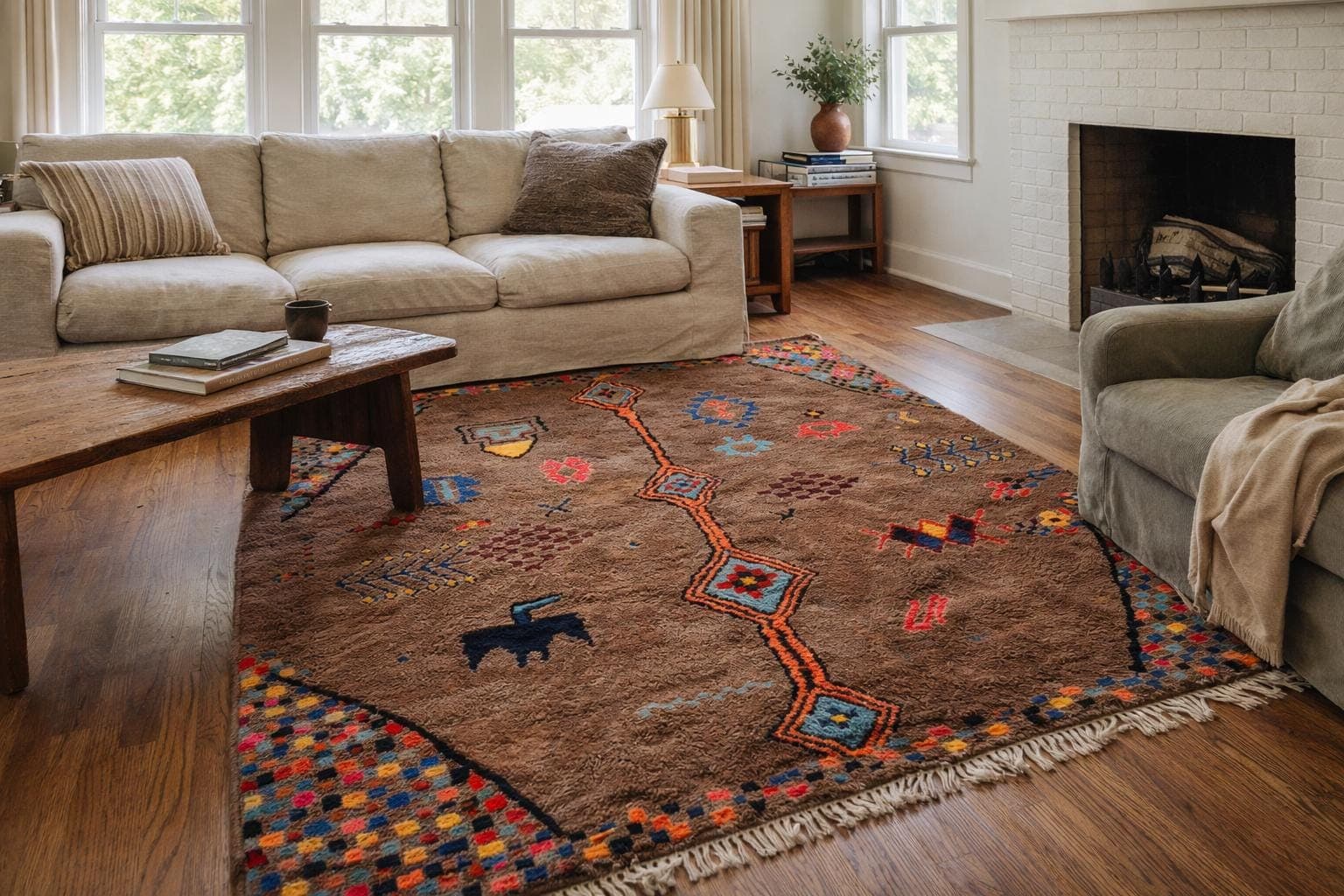 モロッコ製手作りウールラグ 8x10 - ブラウンニュートラルボヘミアンエリアラグ リビングルーム ベッドルーム用 - カラフルなトライバルベルベルラグ