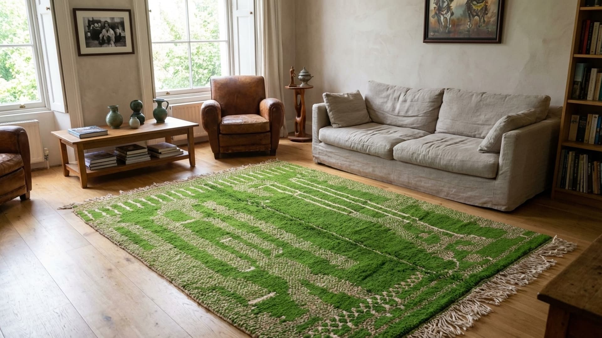 モロッコ製手作りウールラグ 7x10 - グリーンニュートラルモダンボヘミアンエリアラグ - Mrirtベルベル