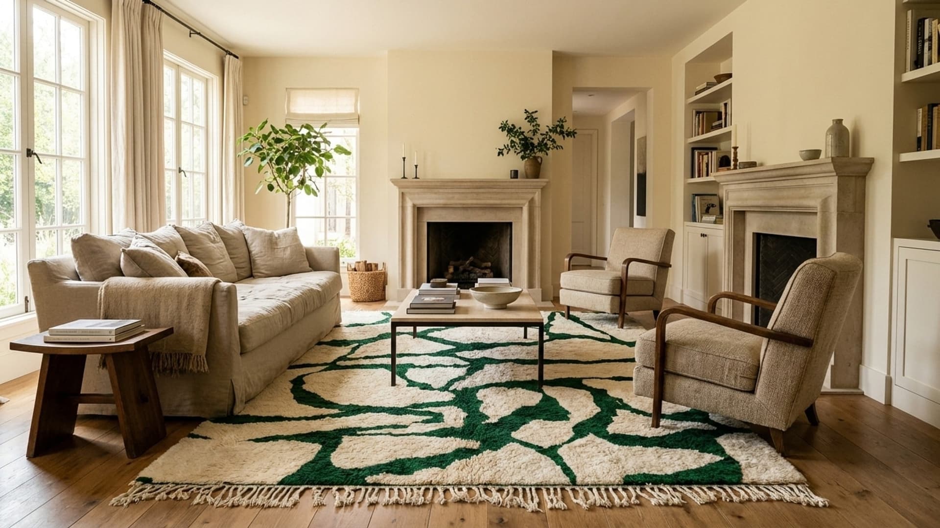 سجادة مغربية بني أورين 8x10 صوف عاجي أخضر حداثية لغرفة المعيشة بربر