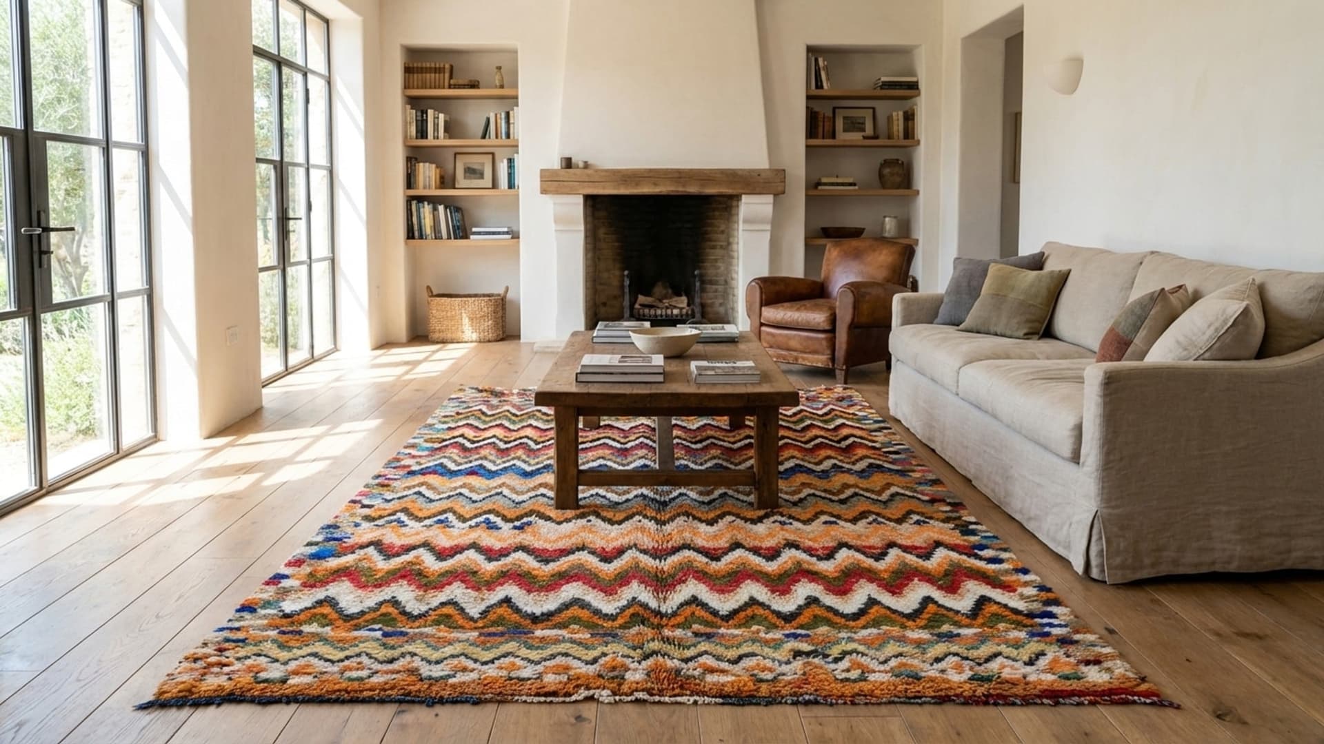 Tapis marocain Azilal 7x10 en laine noir ivoire multicolore pour salon