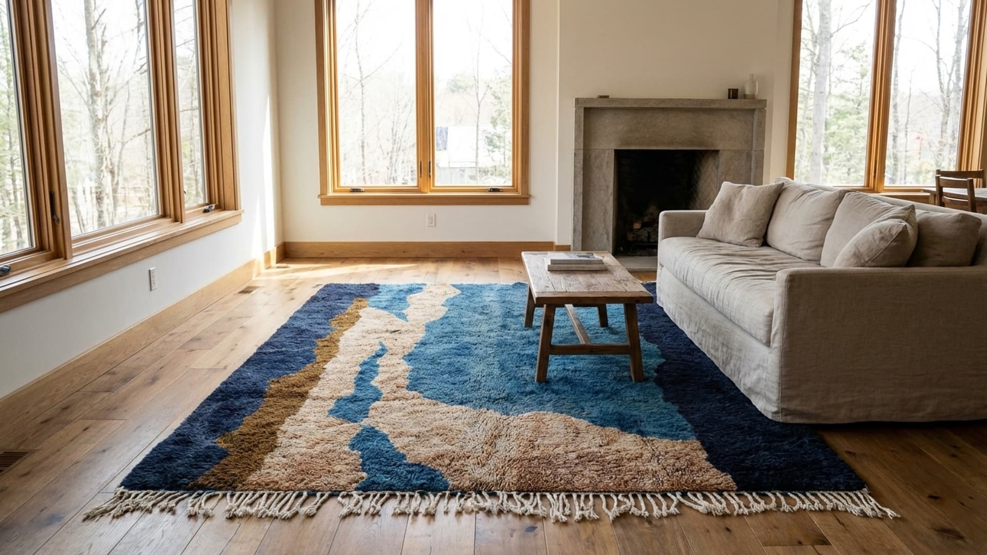 モロッコラグ ミルティル 5x7 ウール ネイビーティールタン ミニマリストリビングルーム ベルベル