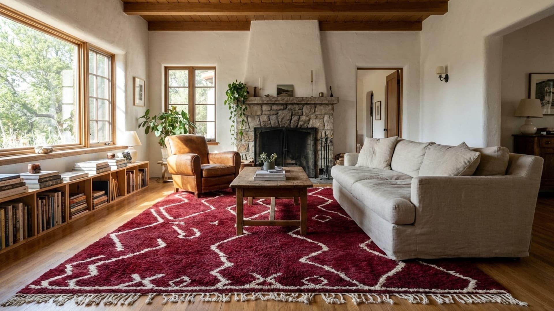 Marokkanischer Teppich Mrirt 4x6 Wolle Burgunderrot Creme Weiß Minimalistisch Boho Wohnzimmer Berber