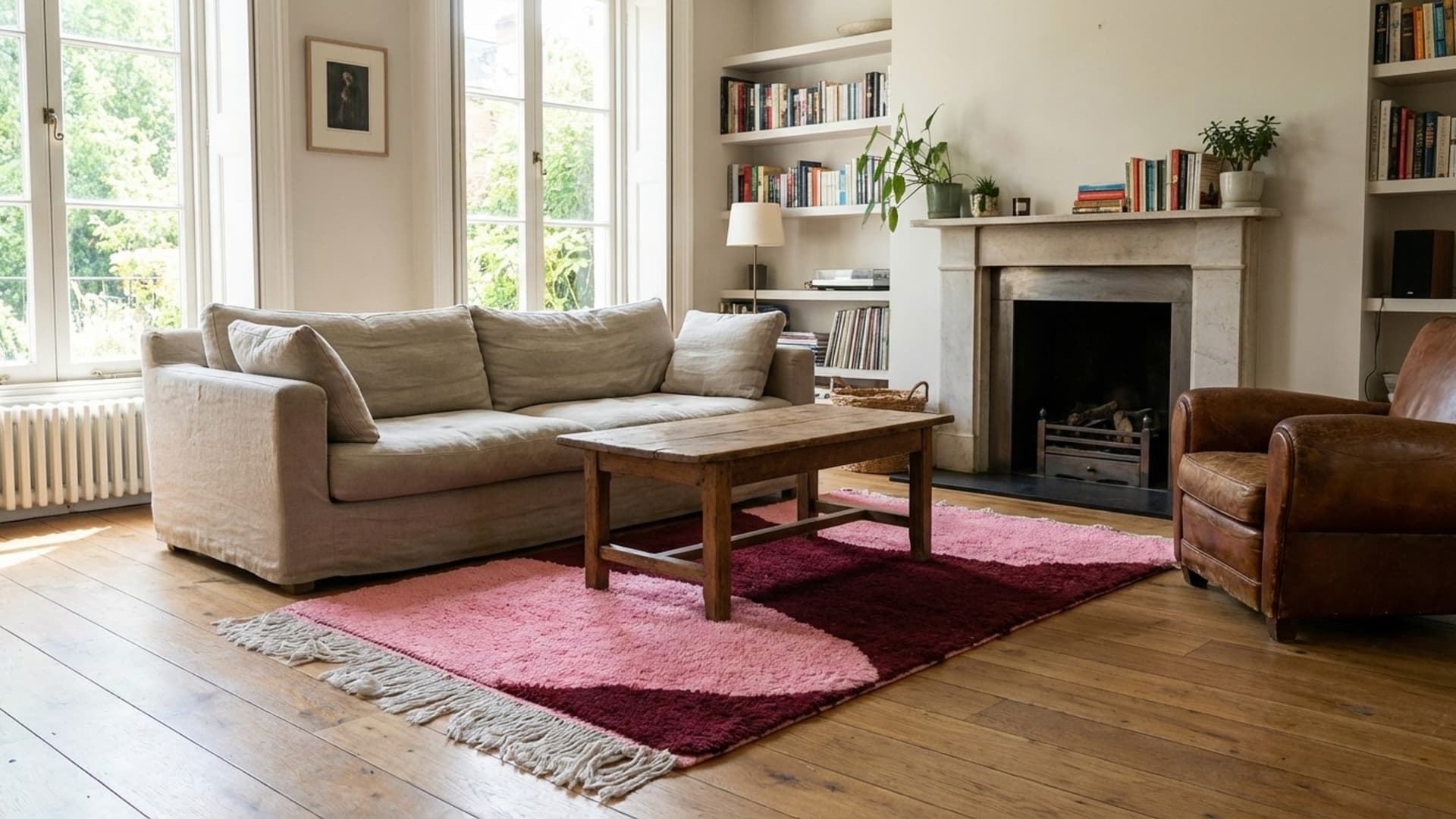 Tapis Marocain Mrirt 3x5 Laine Rose Bourgogne Minimaliste Salon Berbère