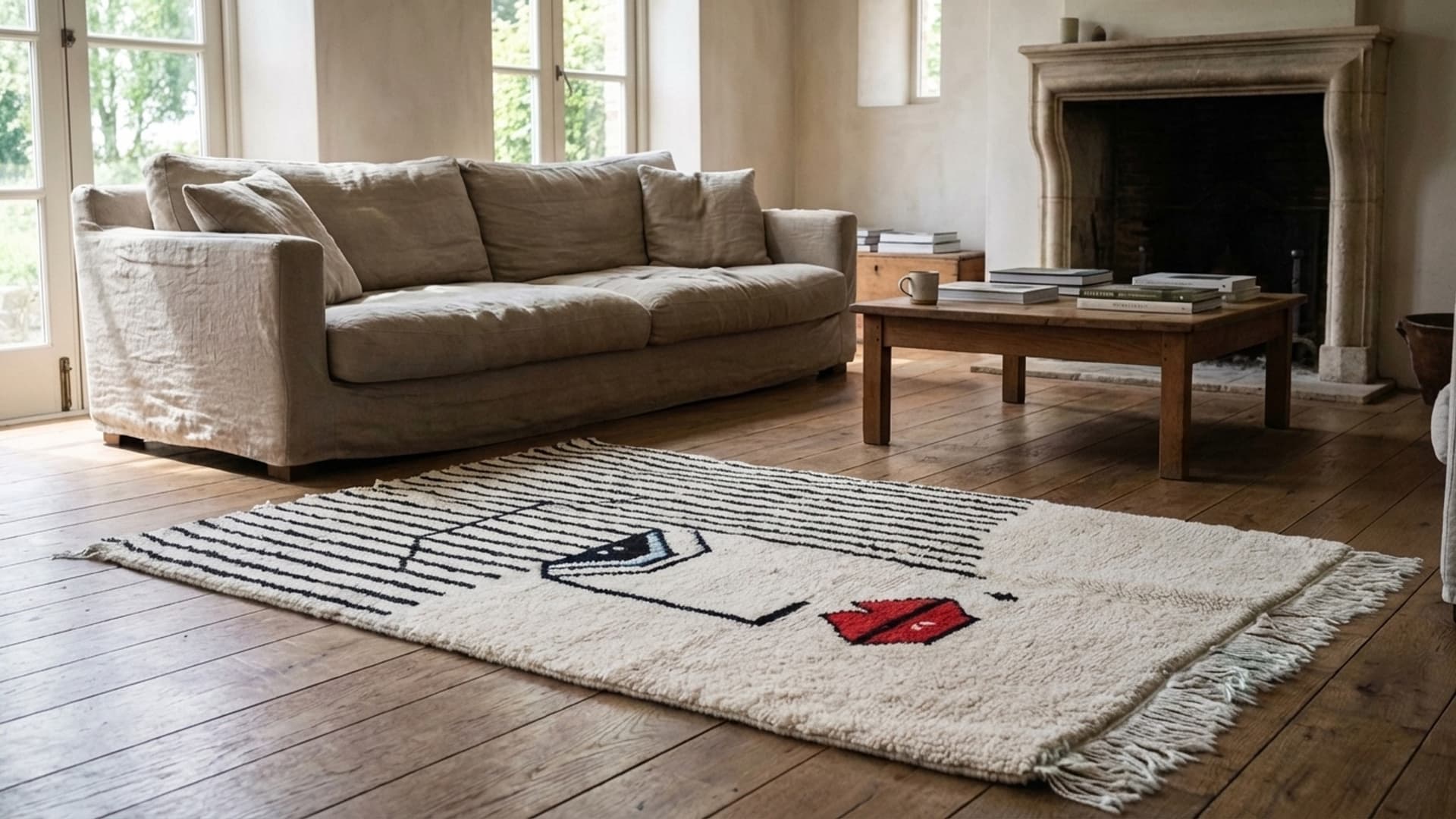 Alfombra Marroquí Mrirt 3x5 Lana Marfil Negro Rojo Minimalista Sala de Estar Berber