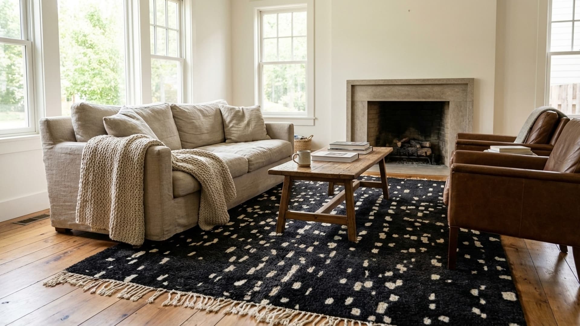 Alfombra Marroquí Mrirt 5x8 de Lana Negra e Marfil para Sala Minimalista