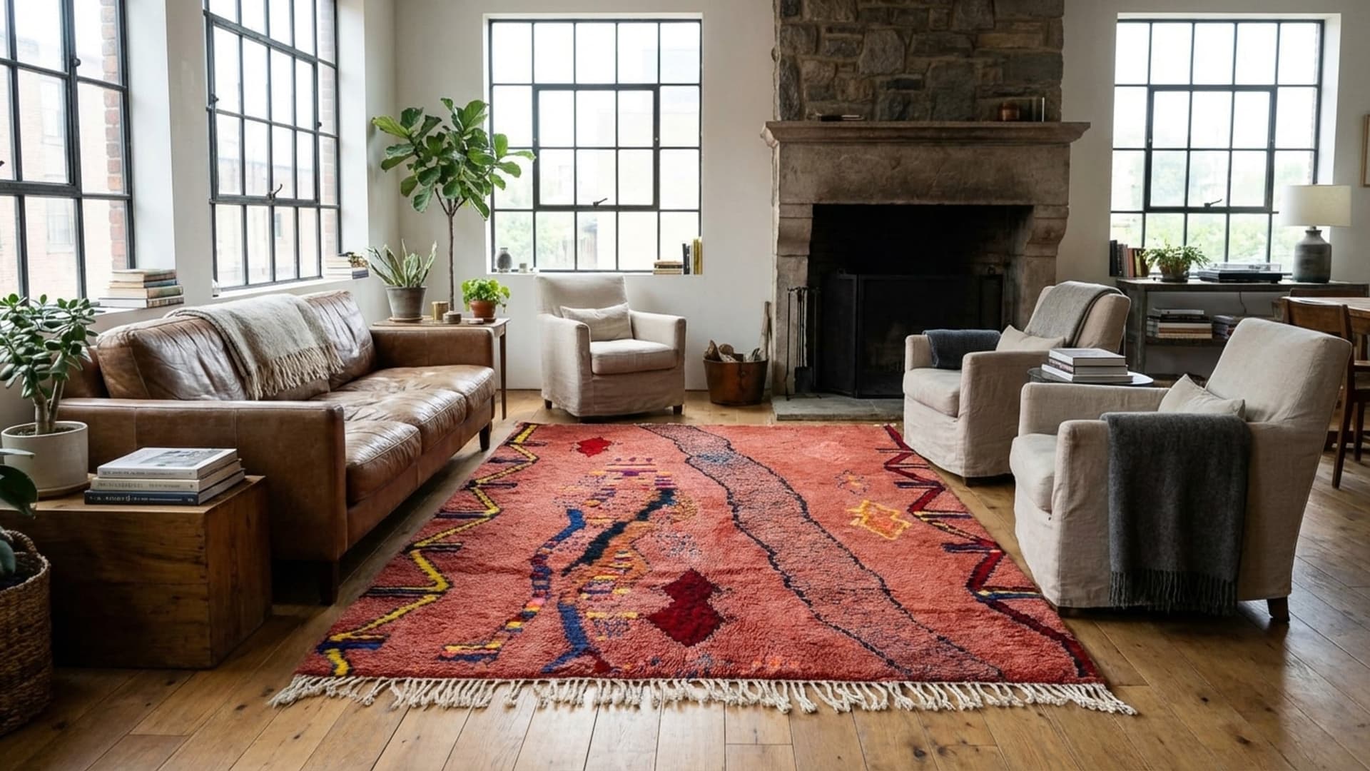 Alfombra Marroquí Boujaad 5x7 de Lana Terracota Óxido Multicolor Tribal Boho para Sala