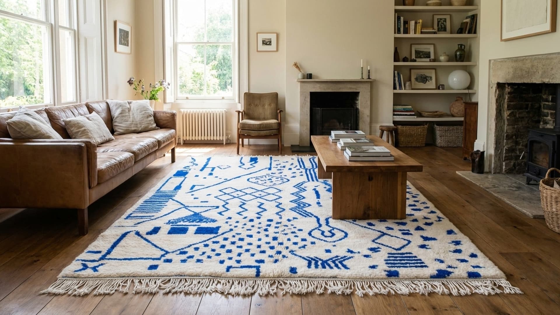 Tapis Marocain Beni Ourain 5x8 Laine Bleu Ivoire Boho Minimaliste Salon