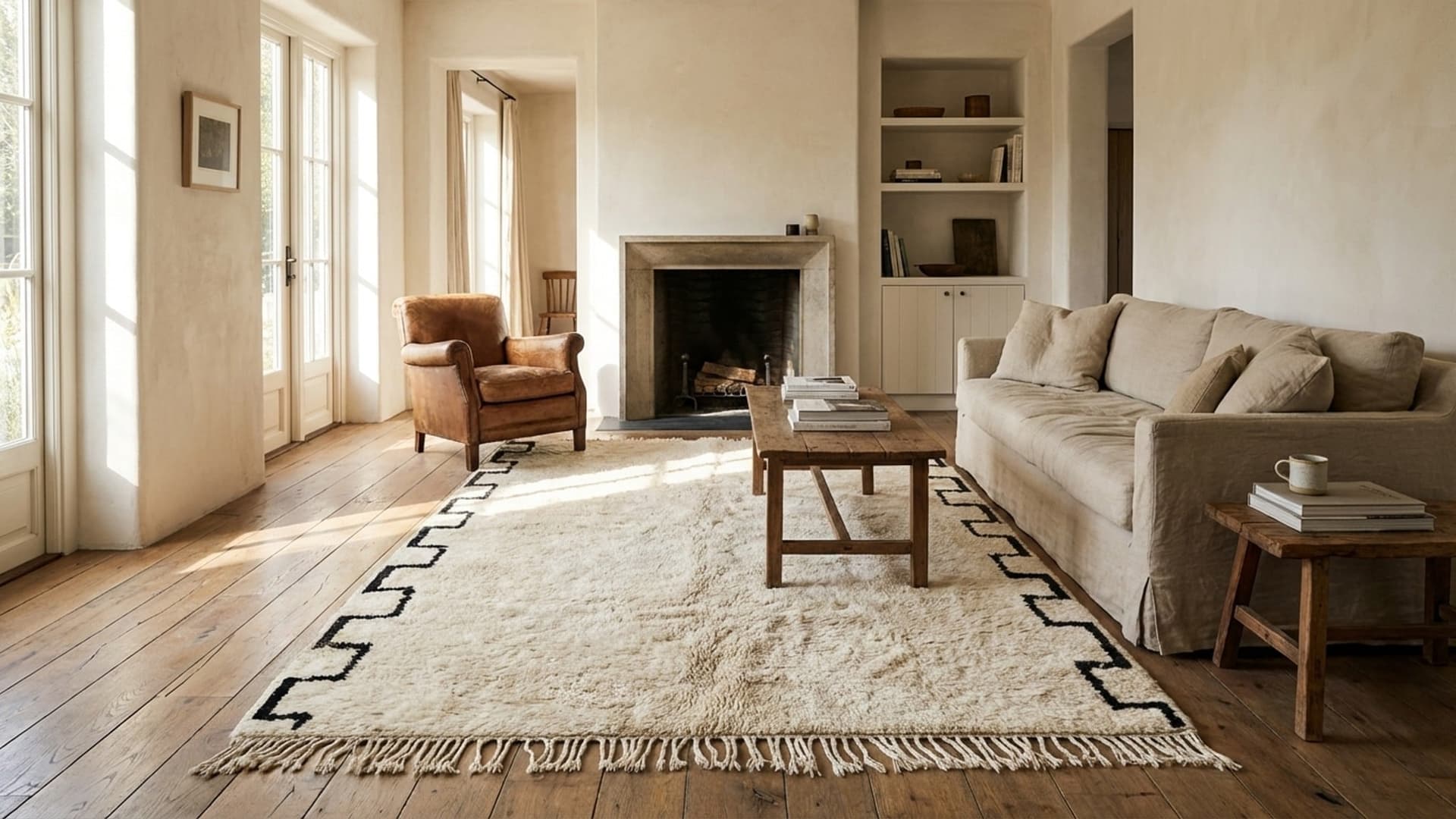 Marockansk Matta Beni Ourain 5x8 Ull Svart Elfenben Minimalistisk Vardagsrum