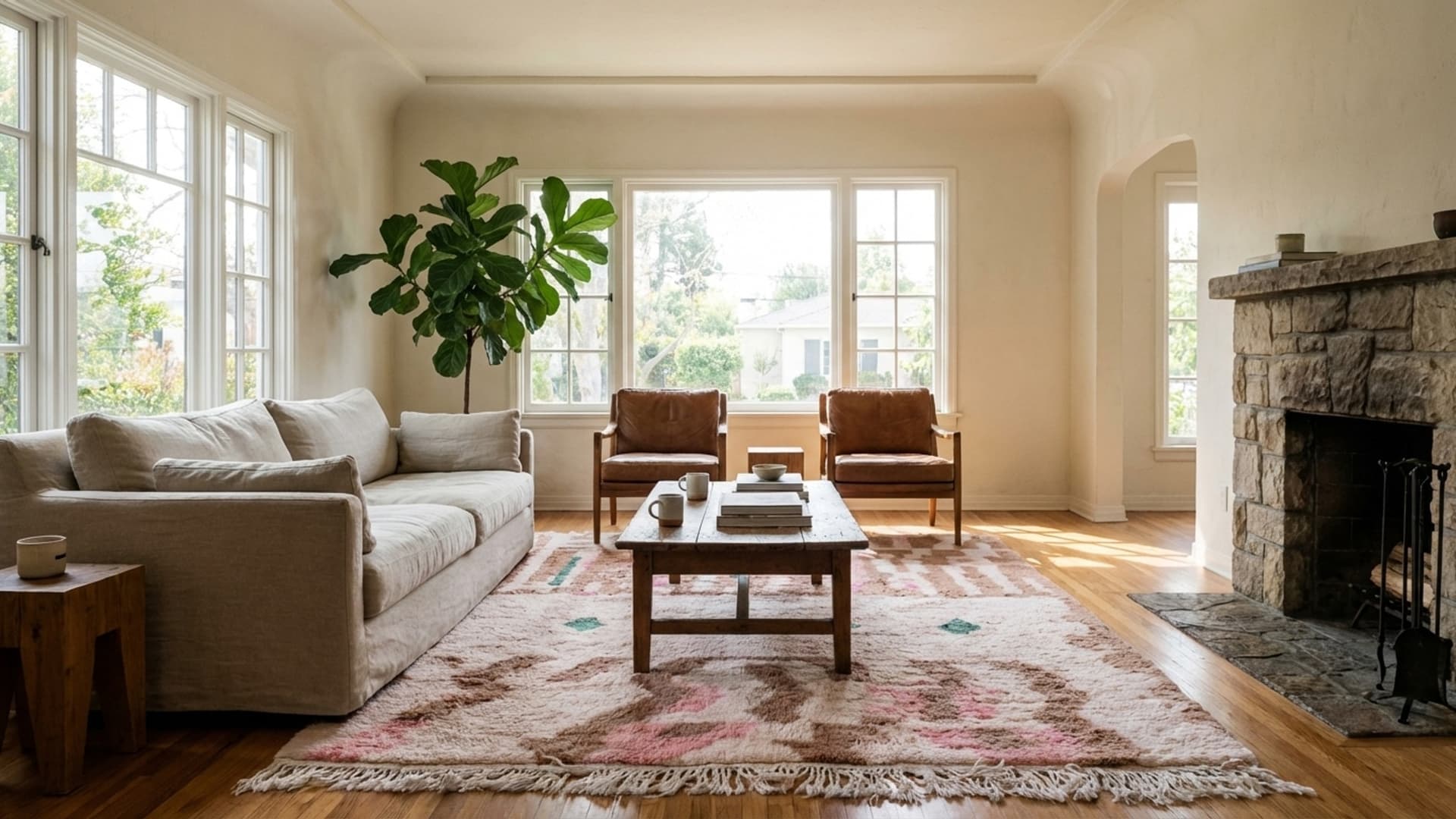 سجادة مغربية مريرت 4x6 من الصوف كريمي أبيض بني أخضر وردي لغرفة المعيشة بوهيمية