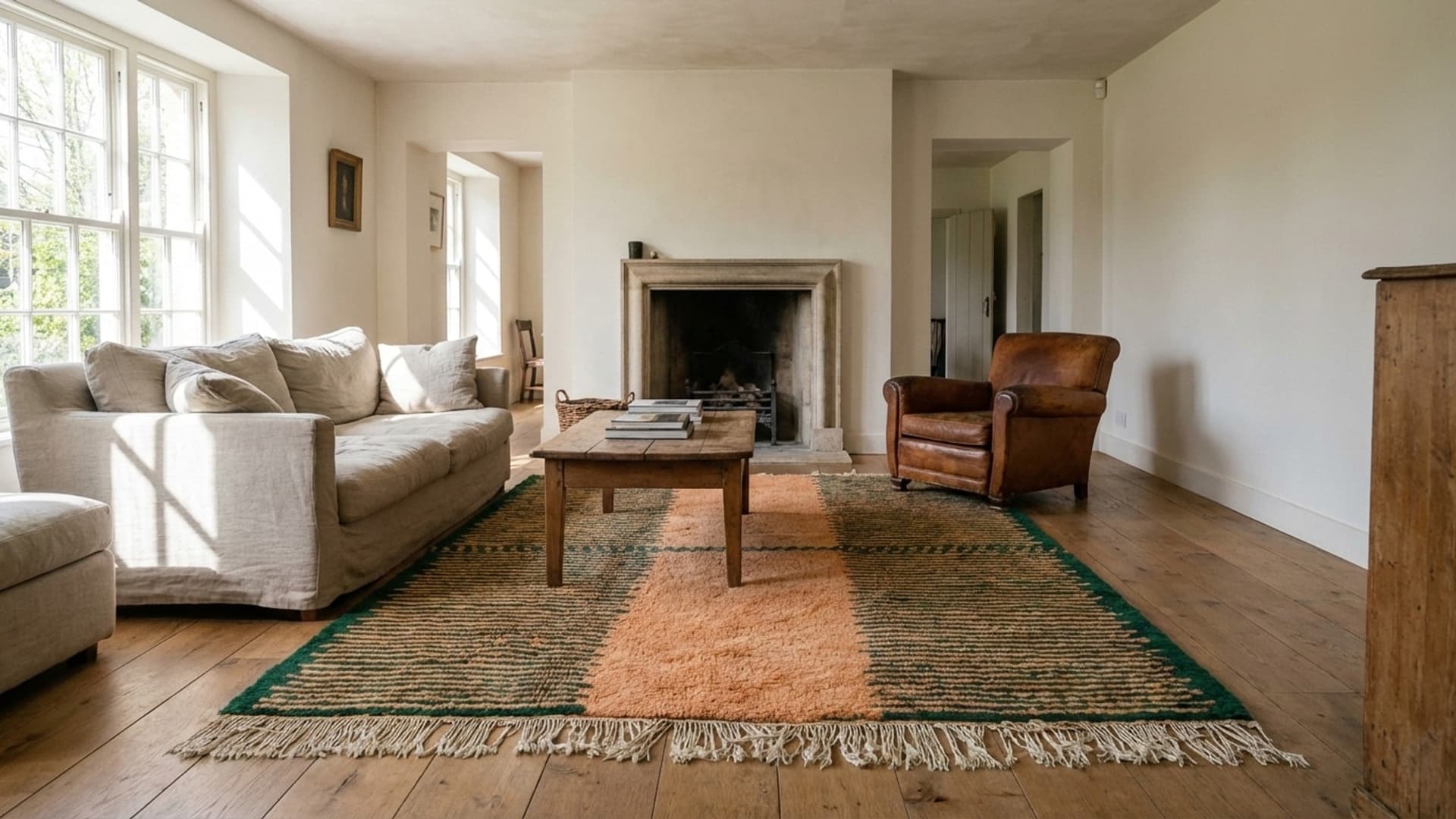 Alfombra Marroquí Hecha a Mano de Lana Tamaño Personalizado - Alfombra Moderna Boho en Terracota y Verde para Sala de Estar y Dormitorio Mrirt