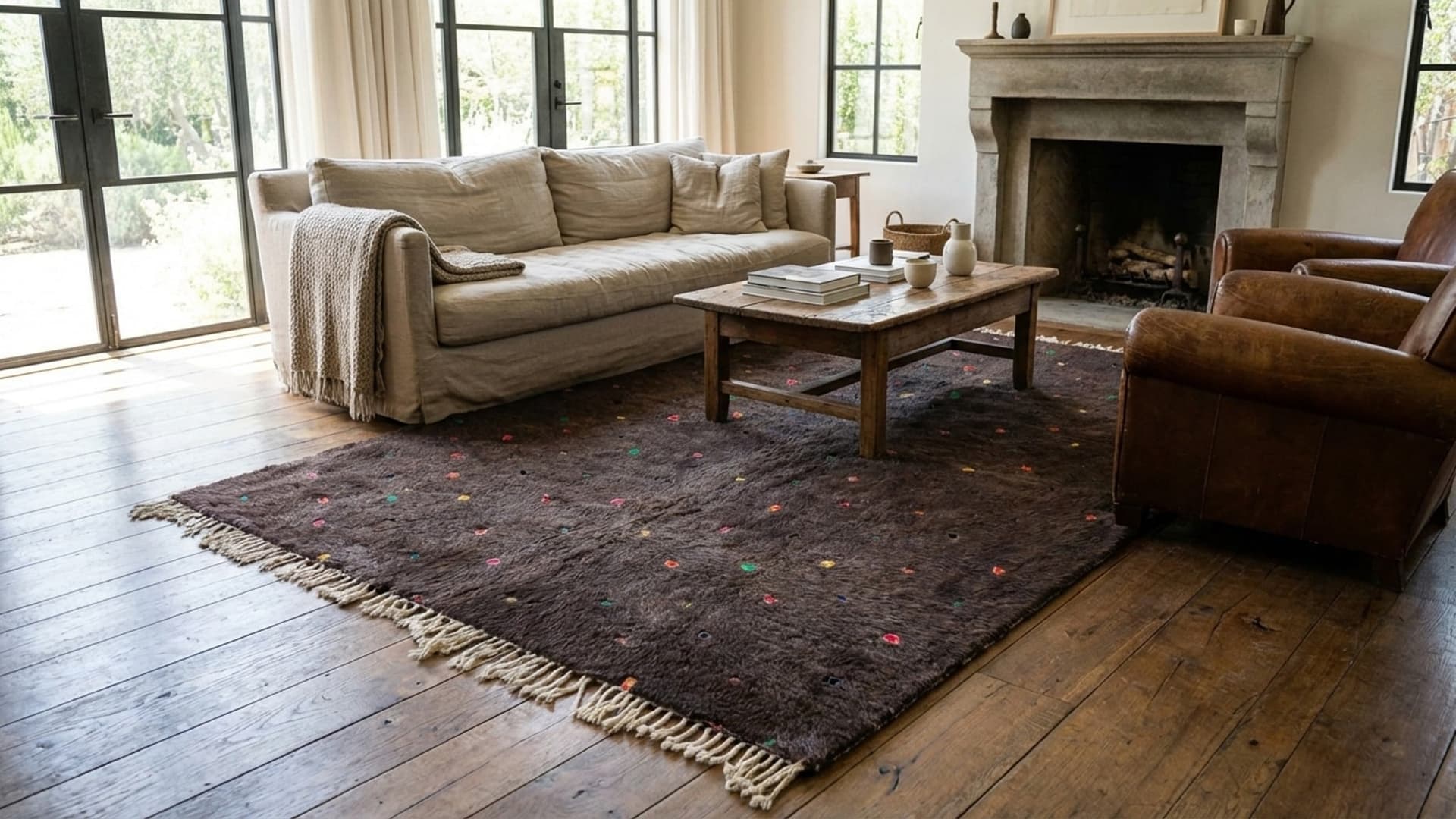 Alfombra Marroquí Hecha a Mano de Lana 8x10 - Alfombra de Área Boho en Marrón Oscuro Neutral para Sala de Estar y Dormitorio - Mrirt Berber