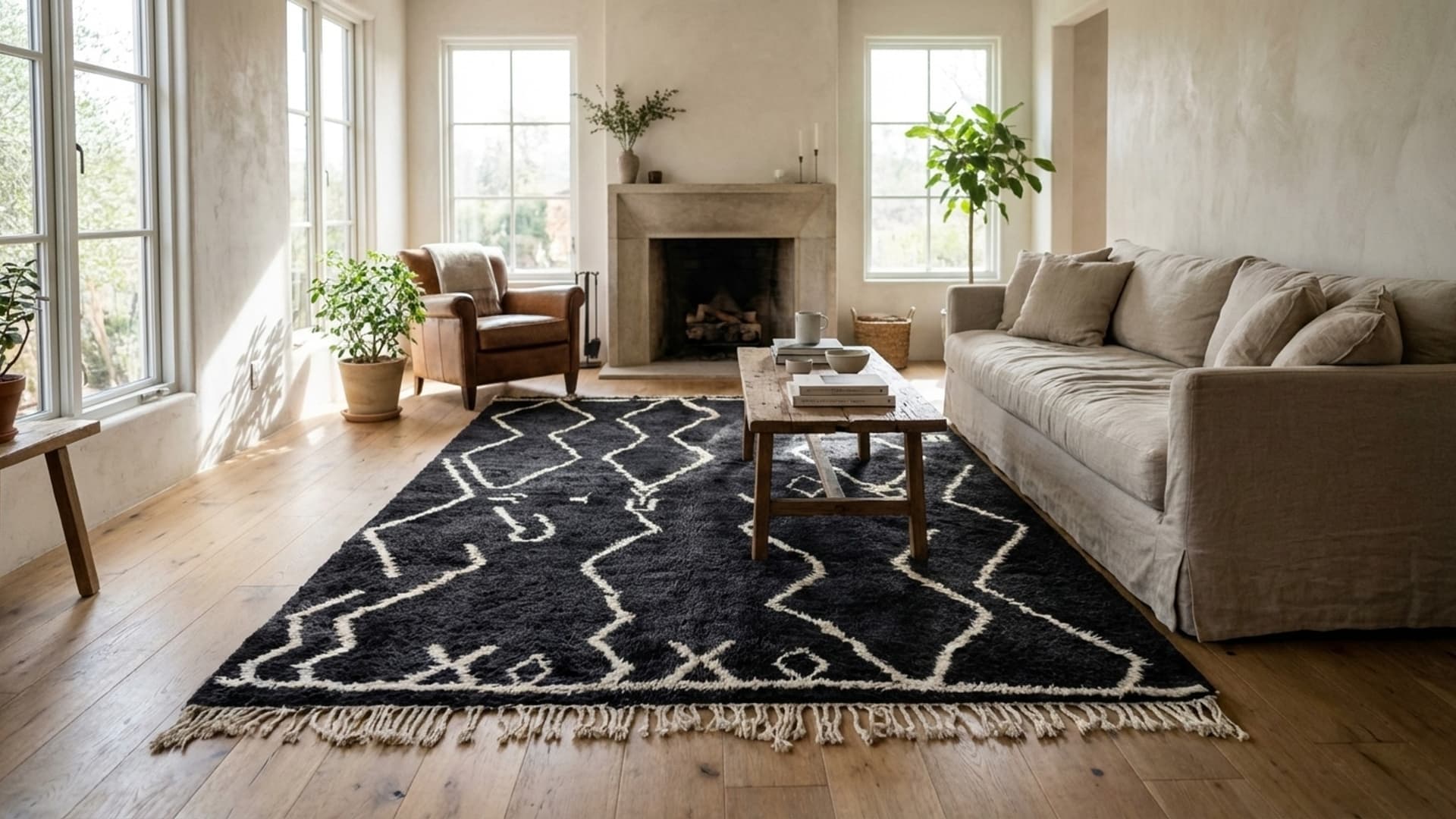 モロッコ製手作りウールラグ カスタムサイズ - ブラックホワイトミニマリストボヘミアンエリアラグ - Beni Ourain