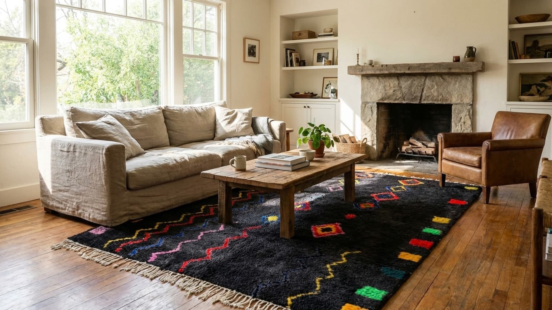 سجادة مغربية مصنوعة يدويًا من الصوف بحجم مخصص - سجادة منطقة سوداء ملونة بأسلوب بوهيمي لغرفة المعيشة وغرفة النوم، بأسلوب بربري