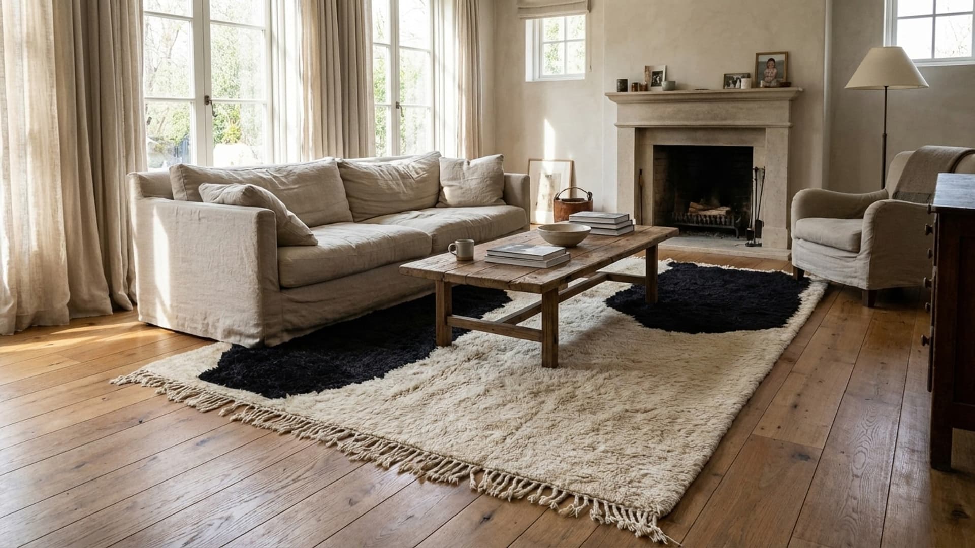 Marokkanischer Teppich Handgefertigt Wolle Maßanfertigung - Elfenbein Schwarz Minimalistischer Moderner Teppich für Wohnzimmer Schlafzimmer – Mrirt