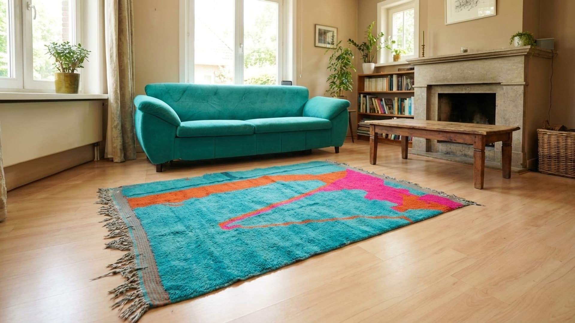 Alfombra Marroquí Hecha a Mano de Lana Tamaño Personalizado - Alfombra Moderna Boho Turquesa Verde Rosa Naranja para Sala de Estar y Dormitorio Mrirt