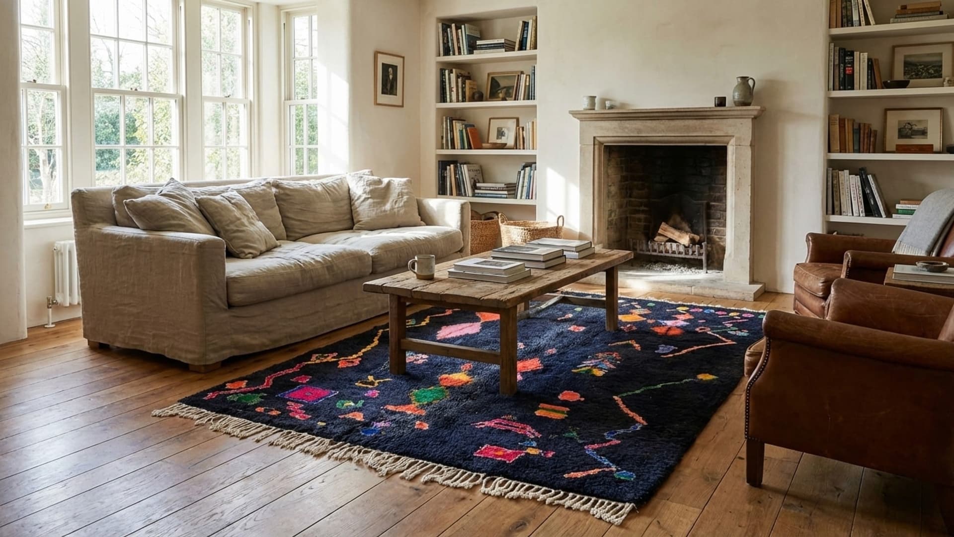 Alfombra Marroquí Hecha a Mano de Lana Tamaño Personalizado - Alfombra Boho Colorida Negra para Sala de Estar y Dormitorio – Berber