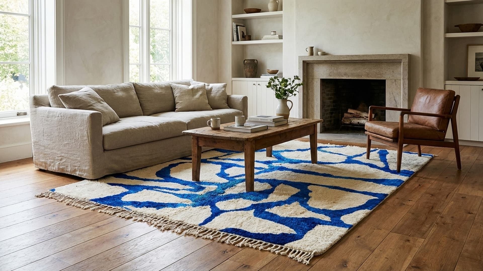 Marockansk Matta Handgjord Ull 8x10 - Elfenben Blå Modern Boho Matta för Vardagsrum Sovrum - Mrirt