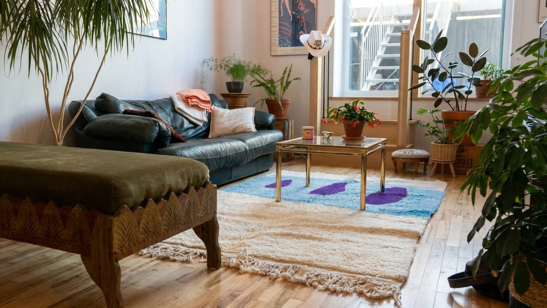 Marokkanischer Teppich handgefertigt aus Wolle 8x10 - Elfenbein Blau Lila moderner Boho-Teppich für Wohnzimmer Schlafzimmer - Mrirt