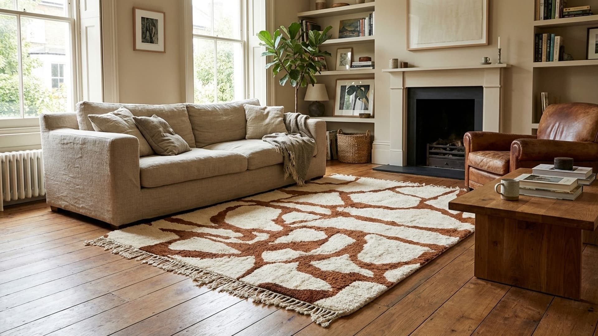 Marokkolainen matto käsintehty villa 8x10 - Vaalea neutraali ruskea moderni boho alue matto olohuoneeseen makuuhuoneeseen - Mrirt