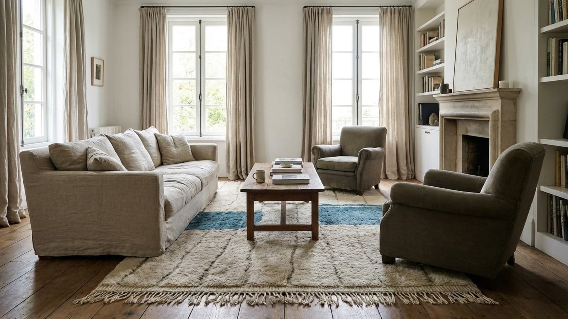 モロッコ製手作りウールラグ 7x10 - アイボリーニュートラルブルー現代ボヘミアンエリアラグ リビングルーム ベッドルーム用 - ベニウライン