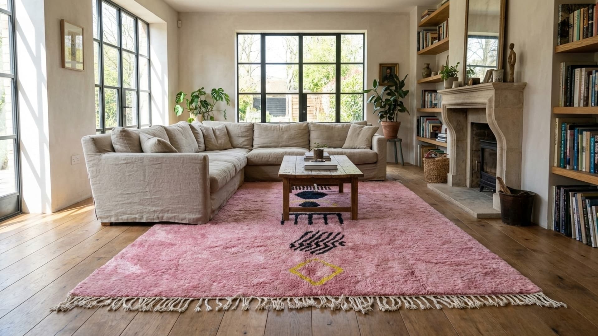 Alfombra Marroquí Hecha a Mano de Lana Tamaño Personalizado - Alfombra de Área Rosa Boho para Sala de Estar y Dormitorio - Alfombra Berber Moderna Minimalista