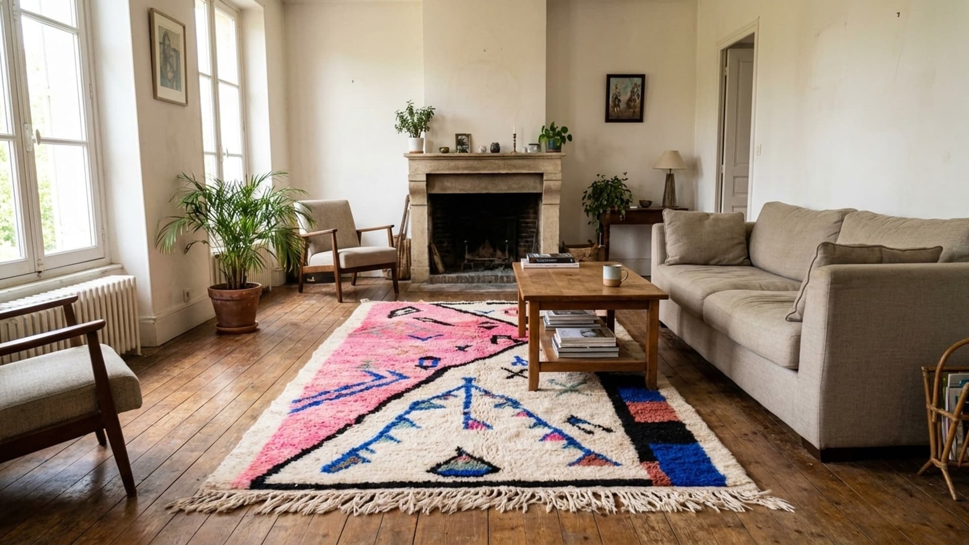 Marockansk Matta Handgjord Ull 4x7 - Elfenben Rosa Modern Boho Matta för Vardagsrum Sovrum - Mrirt Berber