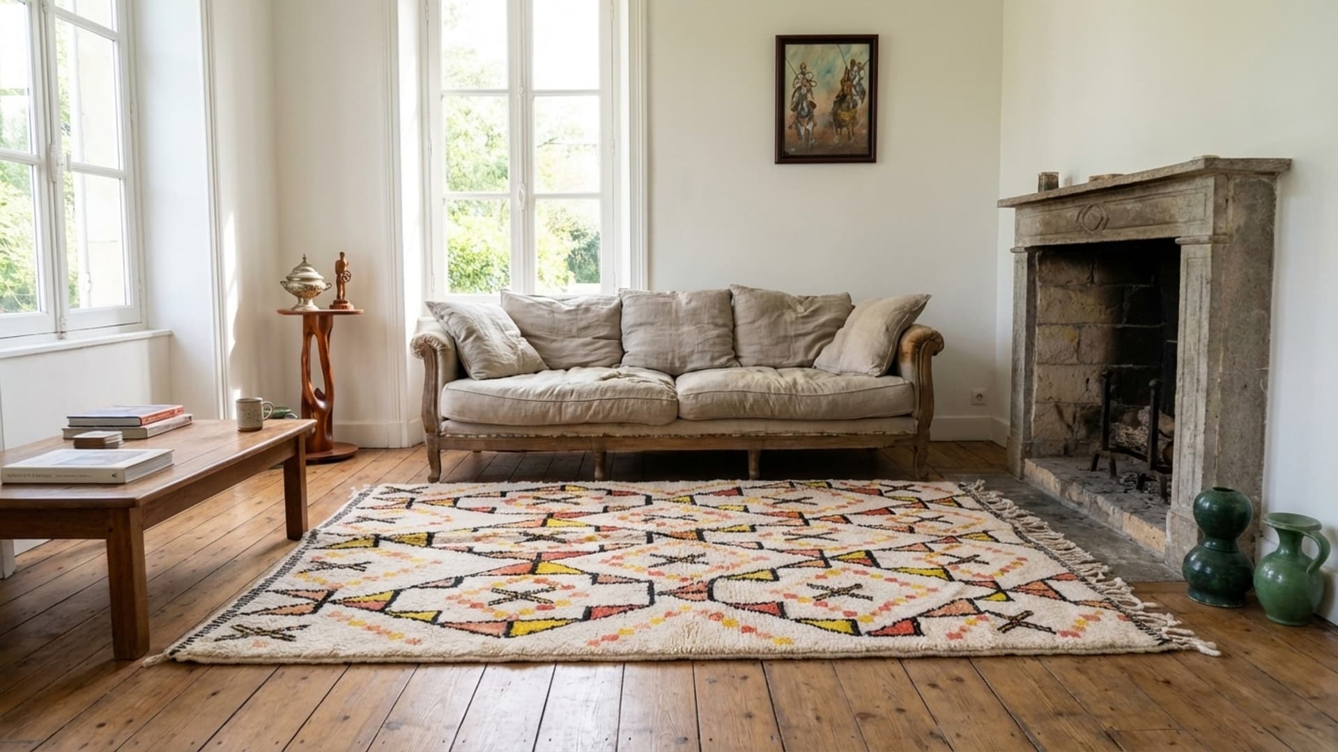 モロッコ製ウールラグ 手作り 6x6 - アイボリー中立幾何学的ボヘミアンエリアラグ リビングルーム 寝室用 Beni Ourain