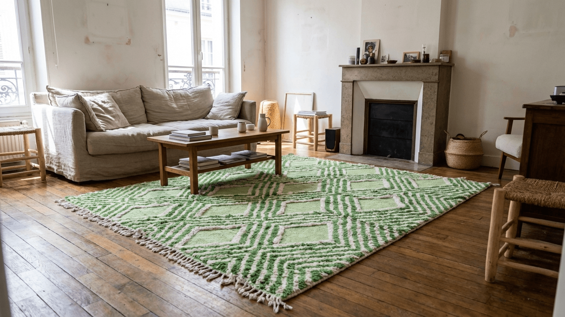 Marockansk Matta Handgjord Ull 7x10 - Salvia Grön Ivory Geometrisk Boho Område Matta för Vardagsrum Sovrum - Mrirt