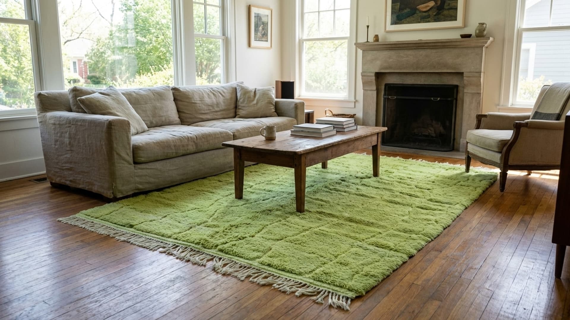 Tapis Marocain Fait Main en Laine 7x10 - Tapis de Zone Minimaliste Vert Bohème pour Salon Chambre - Mrirt