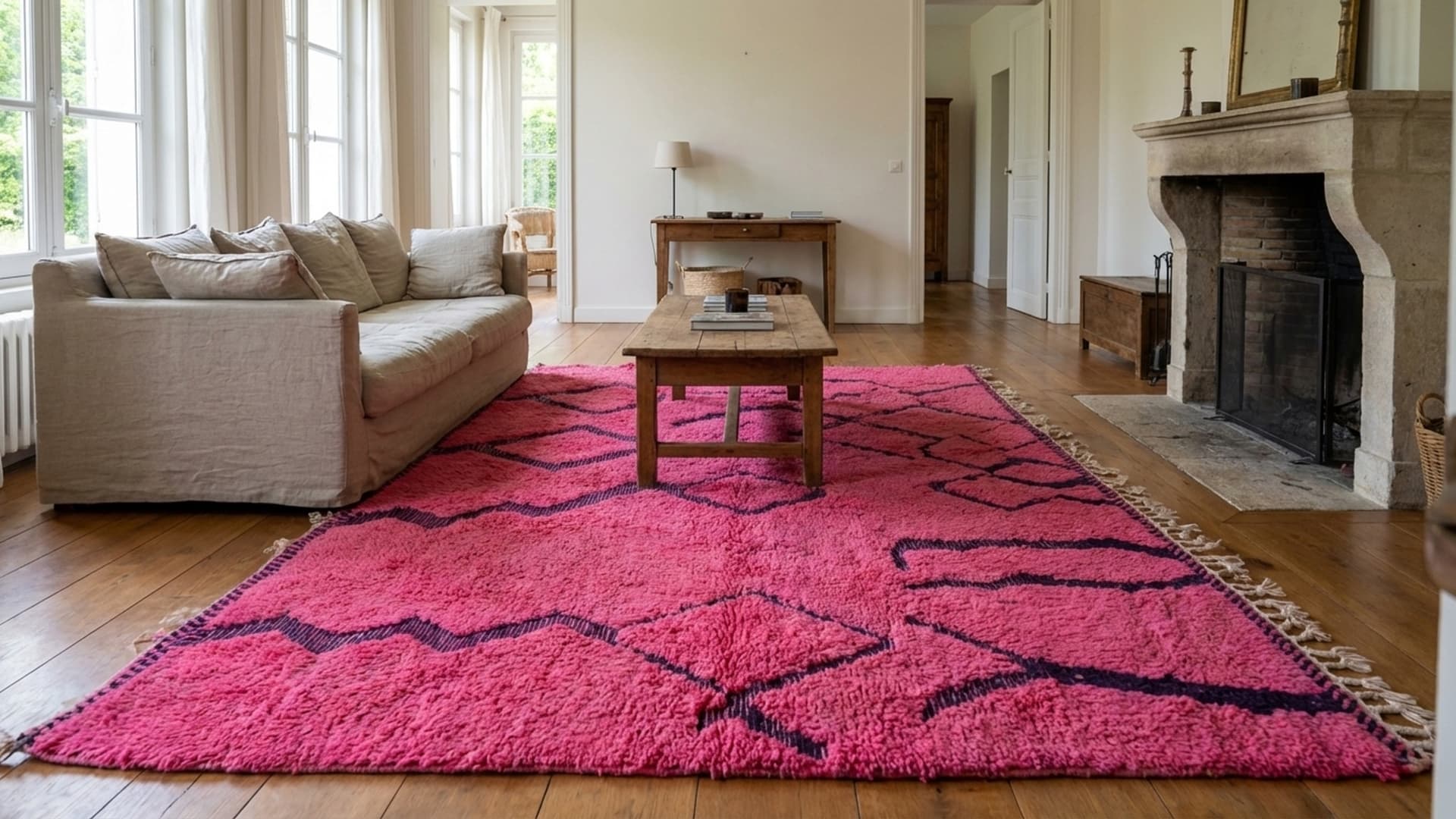 سجادة مغربية مصنوعة يدويًا من الصوف 7x10 - سجادة بوهو عصرية باللون الوردي الساخن/الفوشيا لغرفة المعيشة أو غرفة النوم - مريز