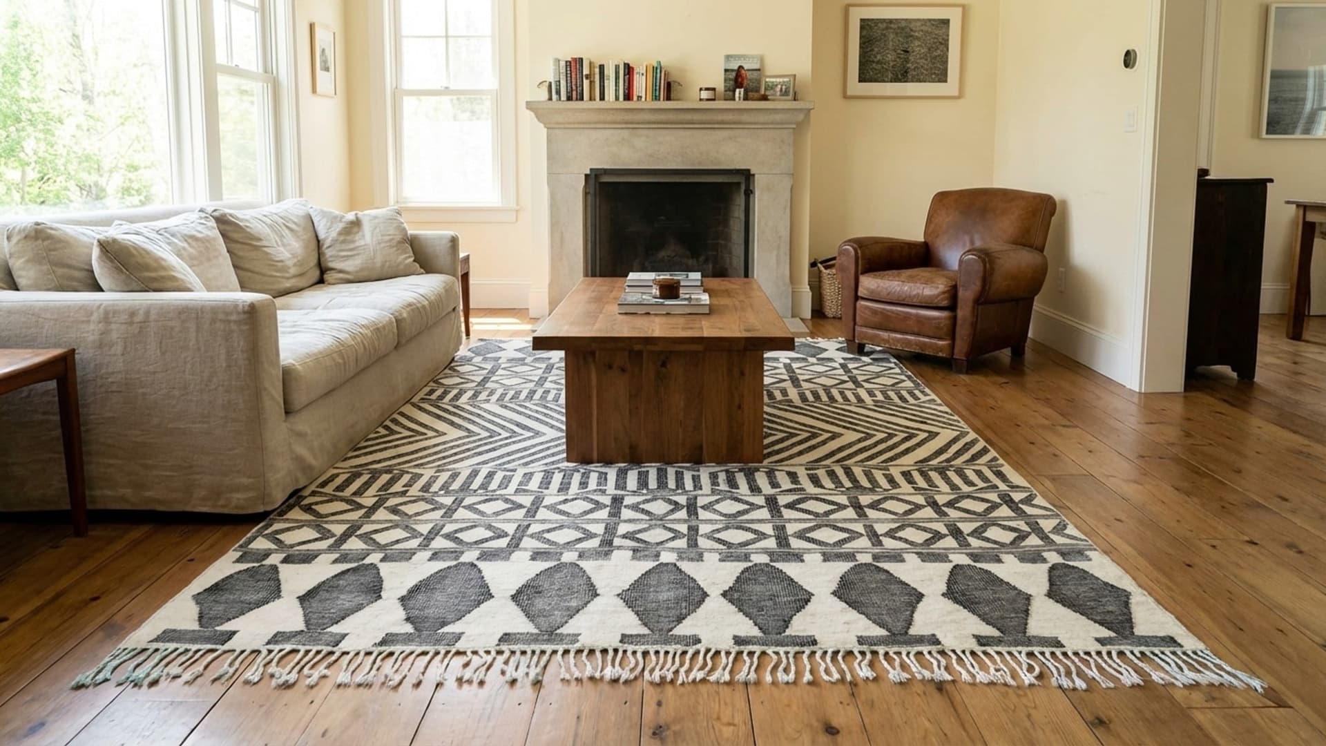 モロッコ製手作りウールラグ 7x10 - アイボリーブラック モダンミニマリストエリアラグ リビングルーム ベッドルーム用 - モダンハンバル