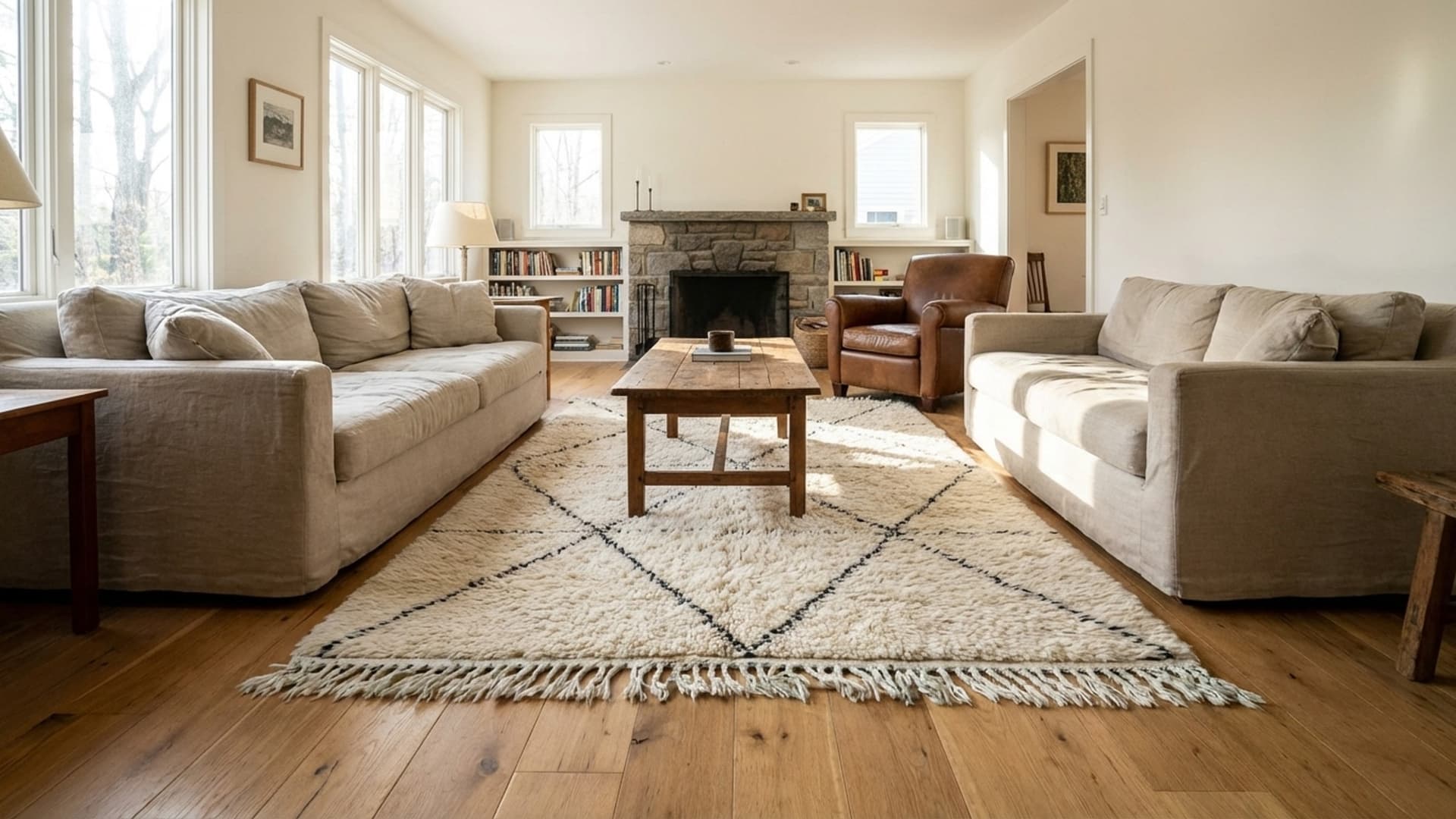 Tapis Marocain Fait Main en Laine 2x4 - Tapis de Zone Minimaliste Boho Ivoire Noir à Motif Diamant pour Chambre Entrée Beni Ourain