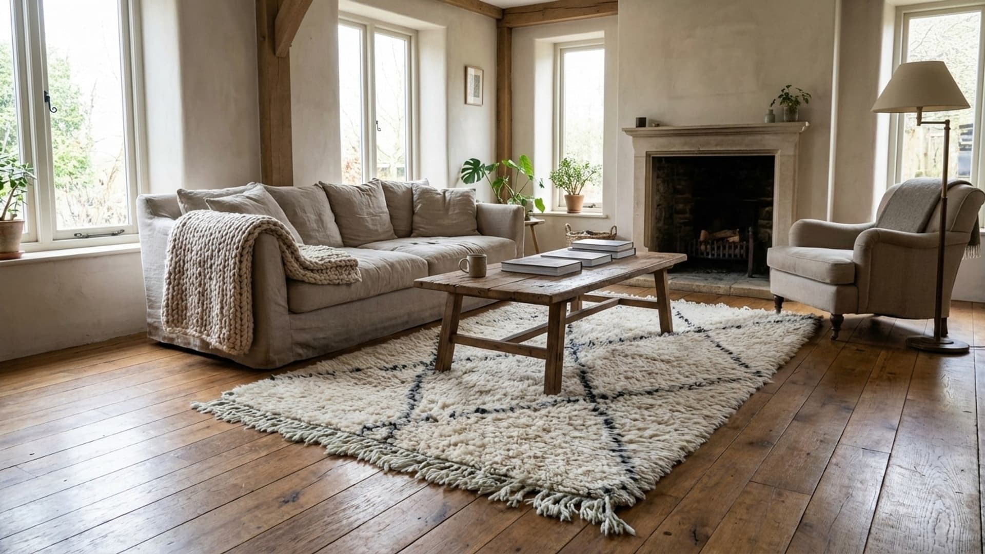 モロッコのラグ 手作りウール 2x4 - アイボリー ブラック ミニマリスト ボヘミアン エリアラグ リビングルーム ベッドルーム用 ベニウライン