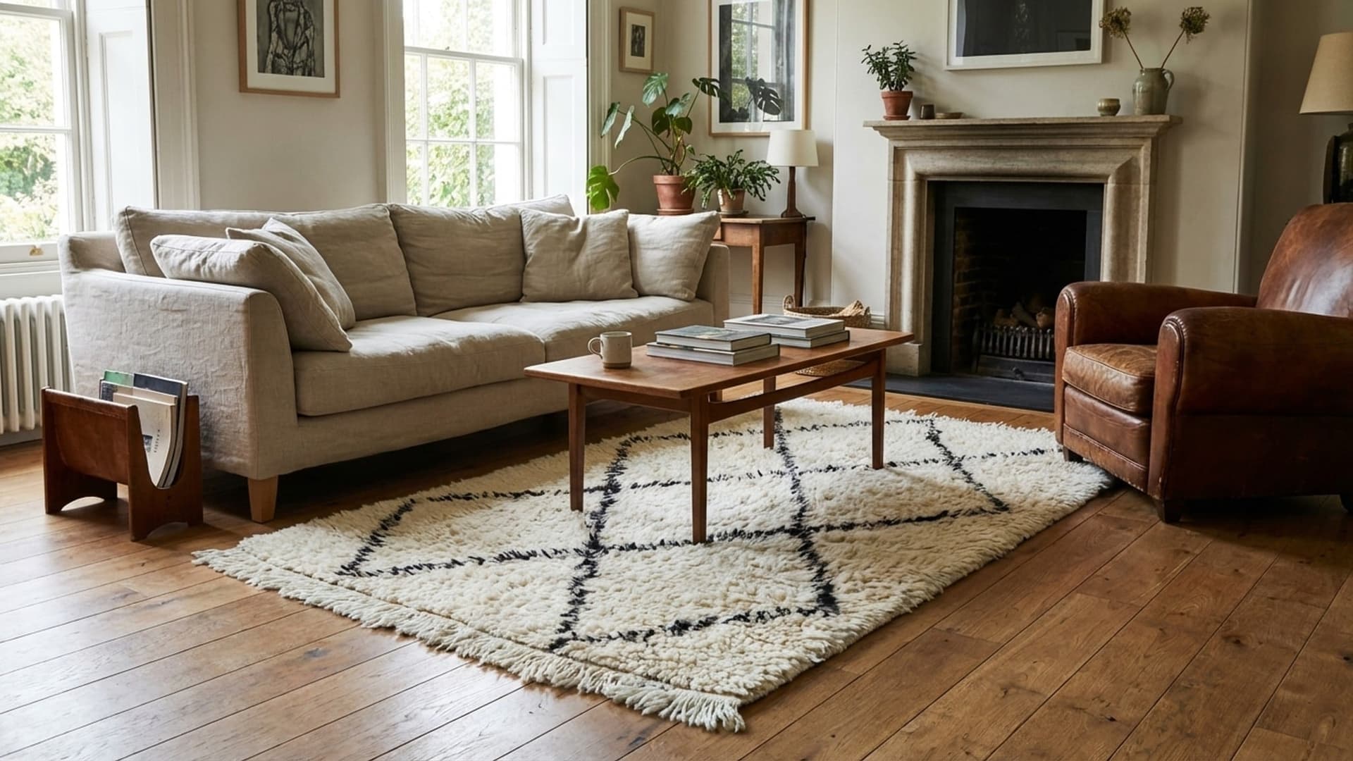 Marokkanischer Teppich Handgefertigt Wolle 2x4 - Elfenbein Schwarz Minimalistischer Boho Teppich für Schlafzimmer Eingangsbereich Beni Ourain