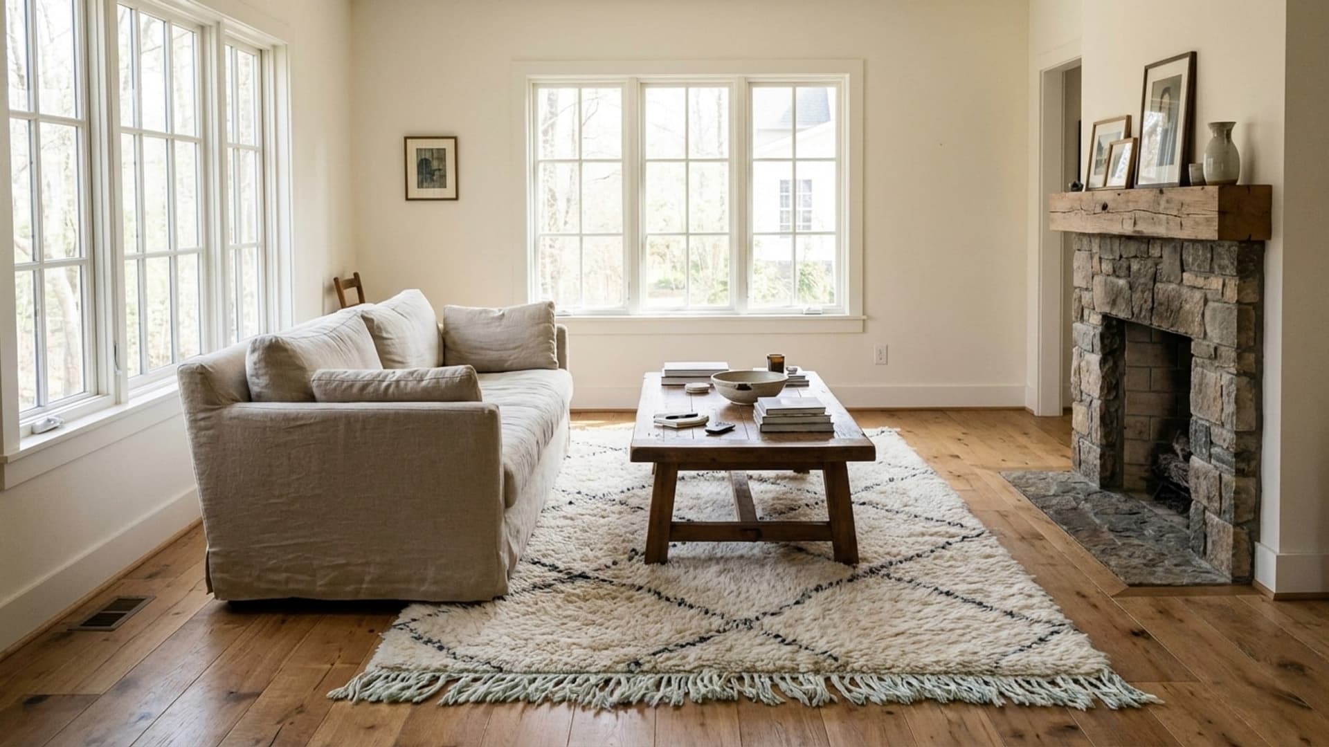 سجادة مغربية مصنوعة يدويًا من الصوف 2x4 - سجادة منطقة باللون العاجي والماس الأسود بأسلوب البوهو لغرفة النوم أو المدخل بني أورين