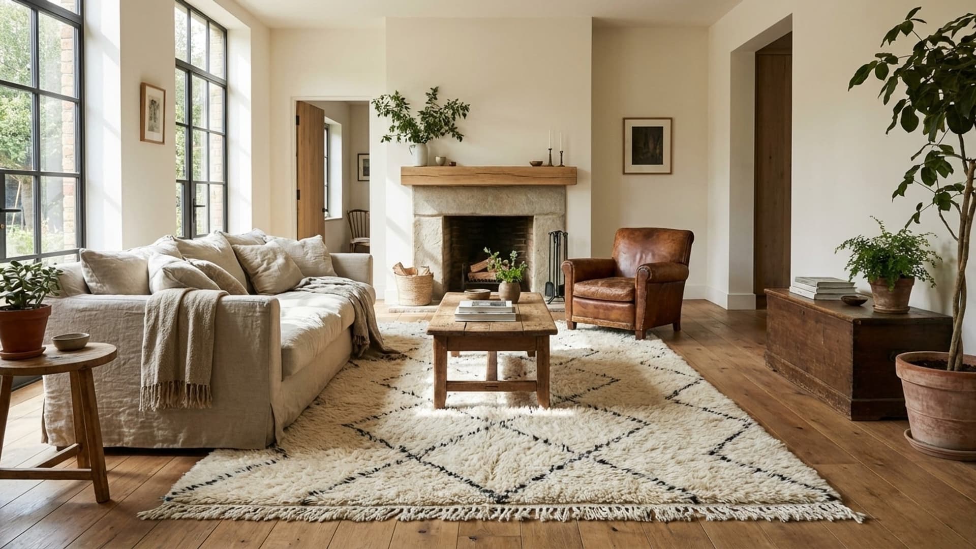 Alfombra Marroquí Hecha a Mano de Lana 2x4 - Alfombra de Área Boho Minimalista en Marfil y Negro para Dormitorio o Entrada Beni Ourain