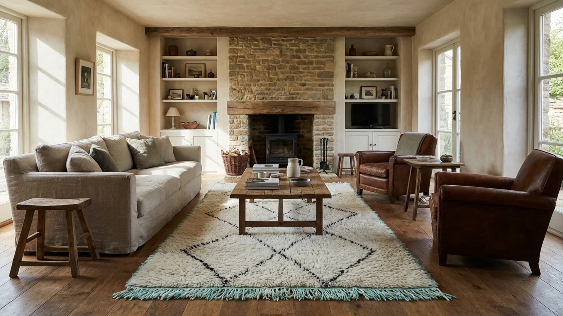 Marockansk Matta Handgjord Ull 2x4 - Elfenben Svart Diamant Boho Minimalistisk Områdesmatta för Sovrum Entré Beni Ourain