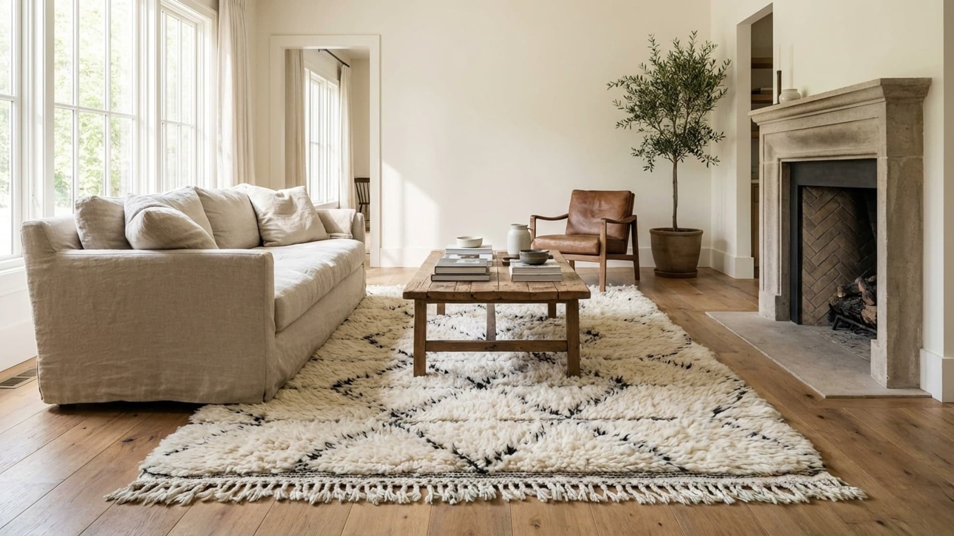 Marokkanischer Teppich Handgefertigt Wolle 2x4 - Elfenbein Schwarz Minimalistischer Boho Teppich für Wohnzimmer Schlafzimmer - Beni Ourain