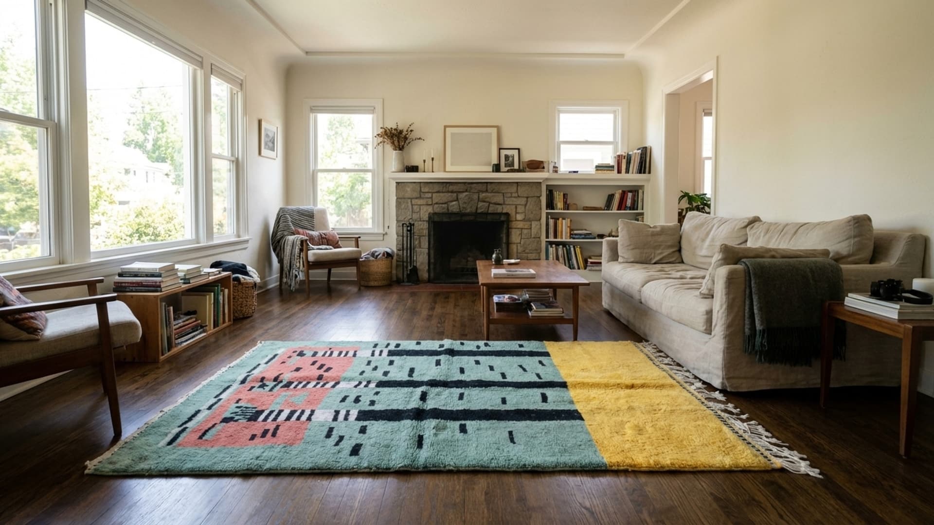 Marockansk Matta Handgjord Ull 5x8 - Teal Gul Modern Boho Matta för Vardagsrum Sovrum - Mrirt