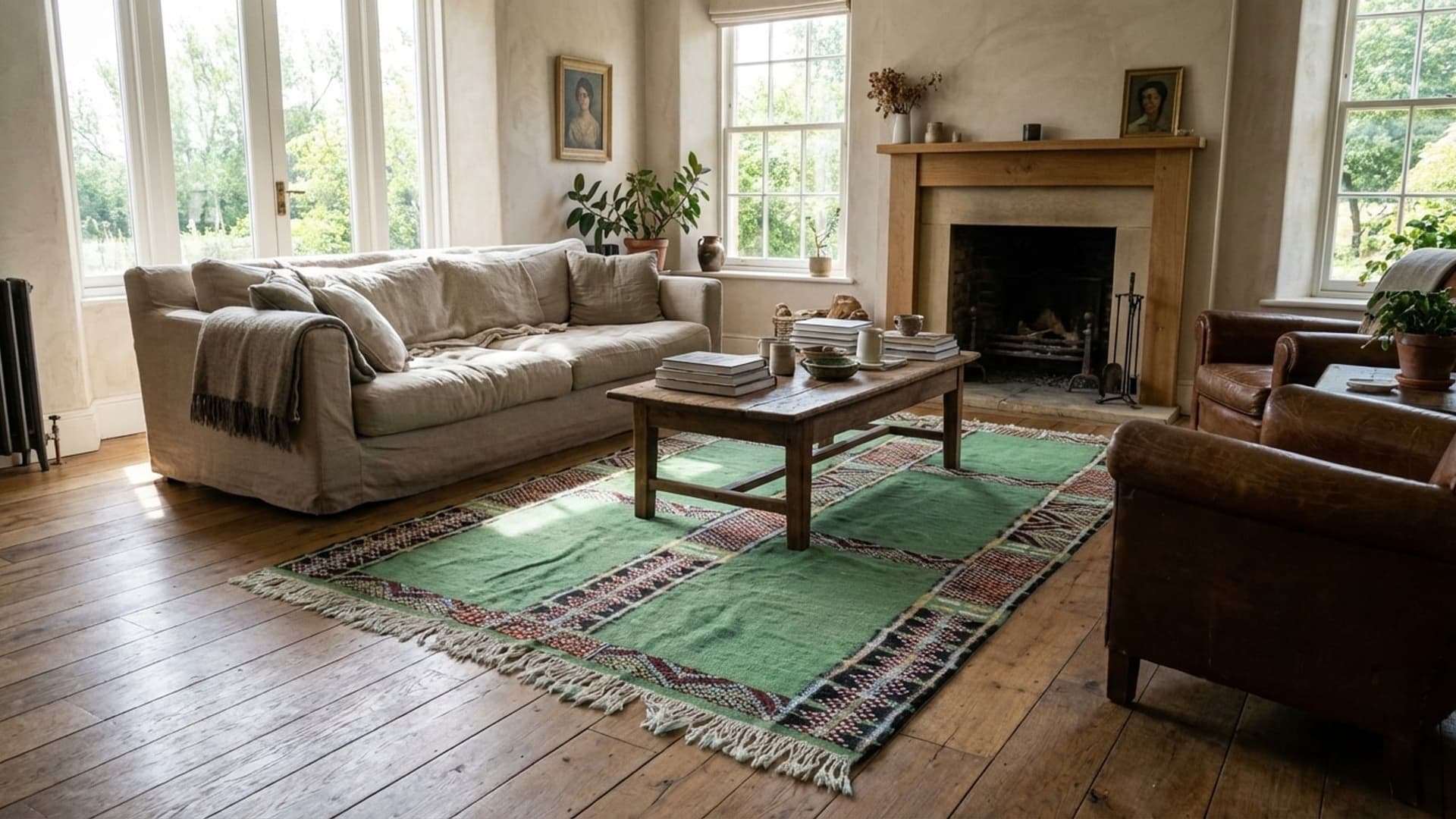 Marockansk Matta Handgjord Ull 6x10 - Grön Tribal Boho Matta för Vardagsrum Sovrum - Zemmour