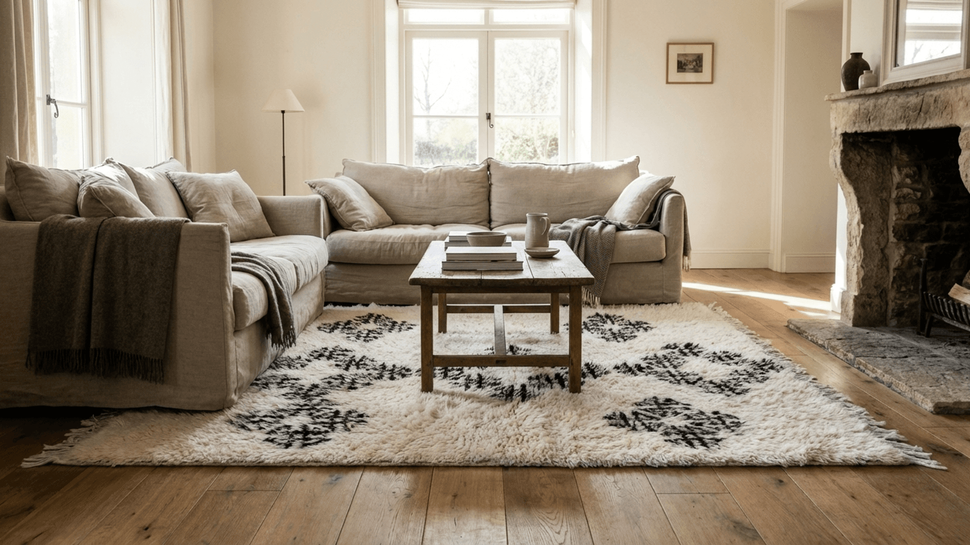 Moroccan Rug Handmade Wool 3x5 - Ivory Black Minimalist Boho Area Rug for Living Room Bedroom - Beni Ourain