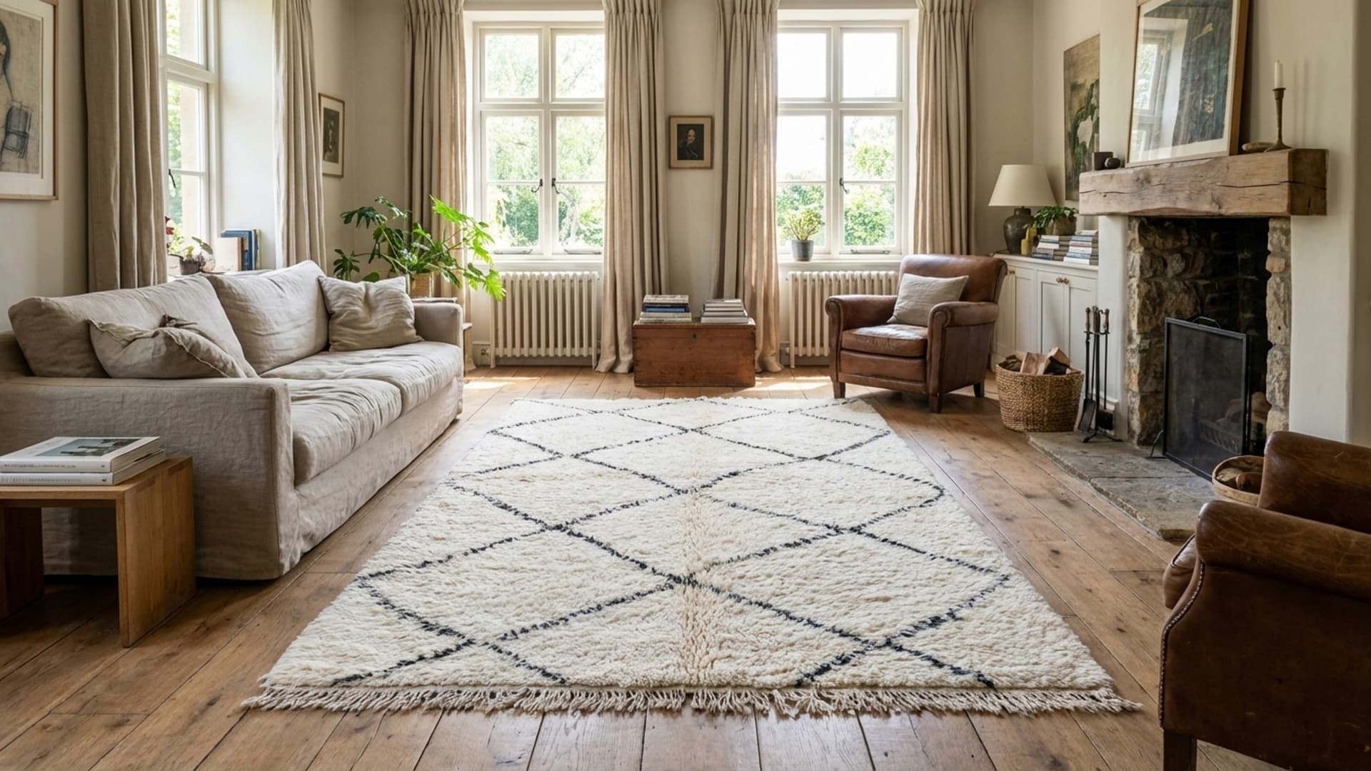 Marokkolainen matto käsintehty villa 5x7 - Ivory Musta Minimalistinen Boho Alue Matto Olohuoneeseen Makuuhuoneeseen - Beni Ourain