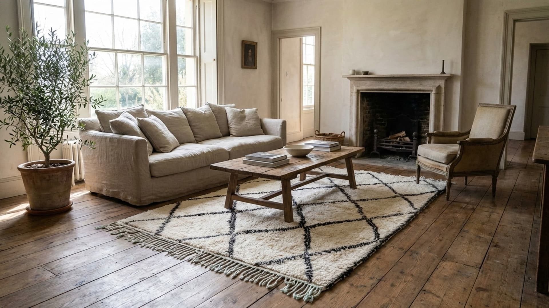 سجادة مغربية مصنوعة يدويًا من الصوف 5x8 - عاجي وأسود مع نمط الماس البسيط للبوهيمية لمنطقة المعيشة أو غرفة النوم - بني أورين