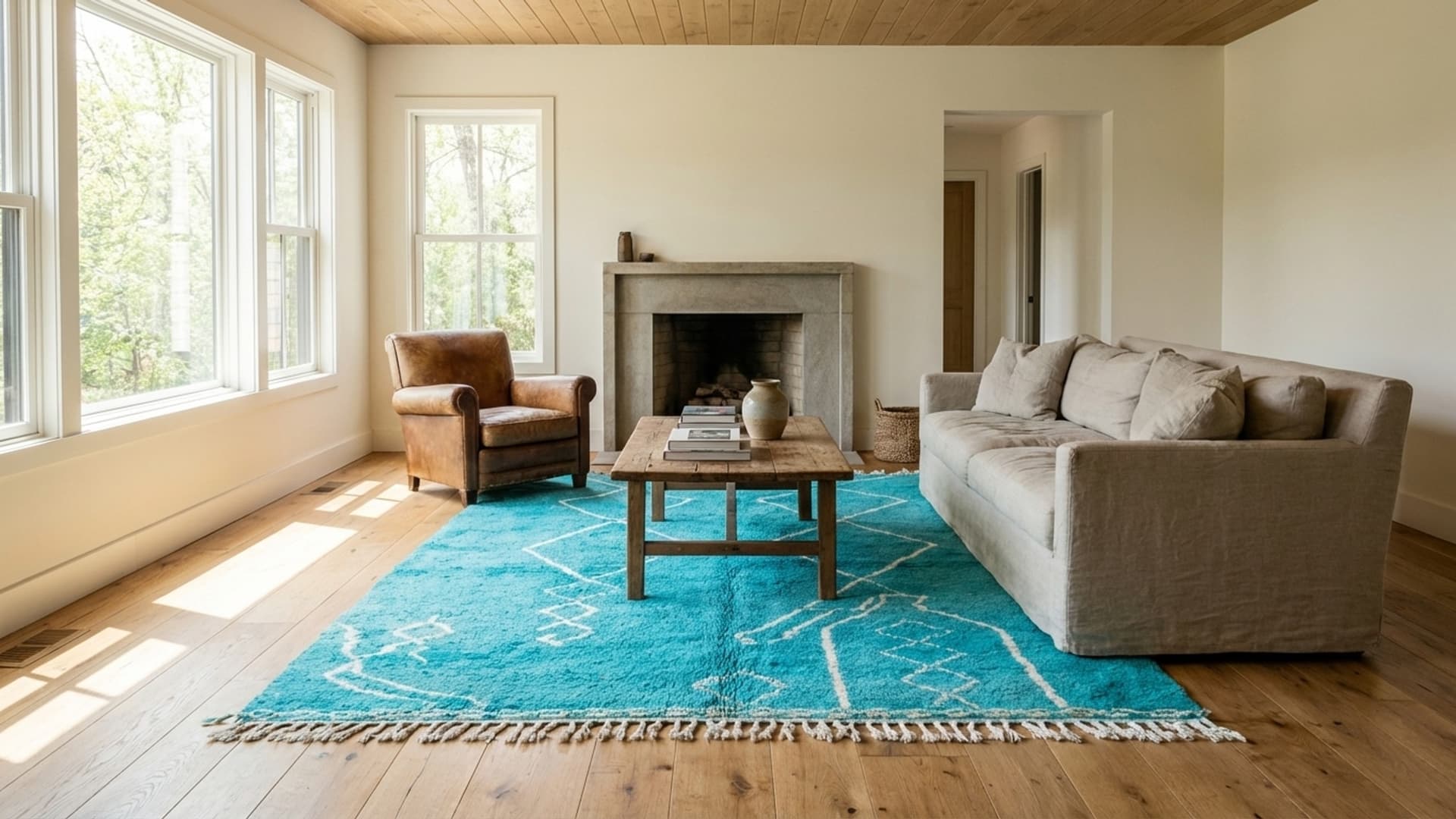 Marokkolainen Käsintehty Villa Matto 5x7 - Turkoosi Sininen Moderni Boho Alue Matto Olohuoneeseen Makuuhuoneeseen - Mrirt Matto