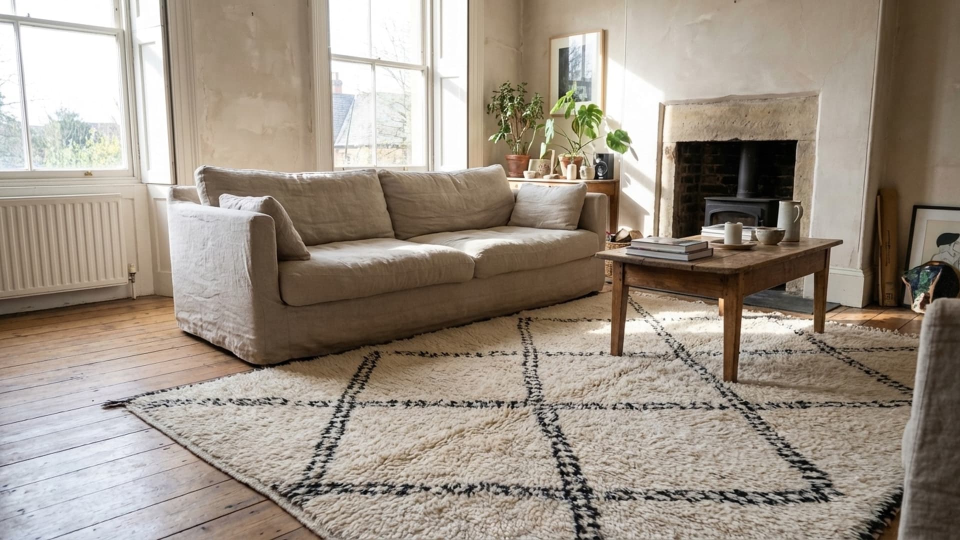 Marockansk Matta Handgjord Ull 8x5 - Elfenben Svart Minimalistisk Boho Area Matta för Vardagsrum Sovrum Beni Ourain